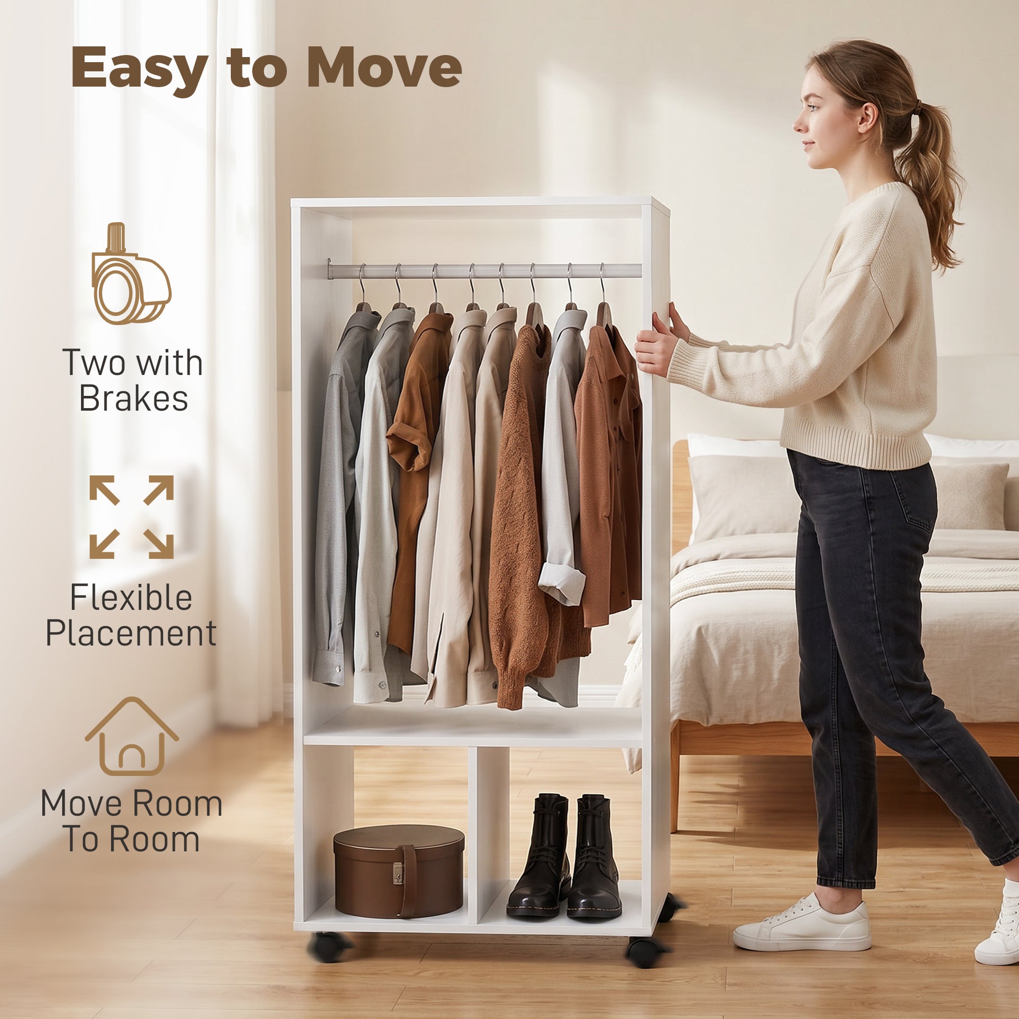 HOMCOM Open Wardrobe for Bedroom, Small Wardrobe on Wheels with Clothes Rail, Storage Shelves, Mobile Garment Rack for Clothes Storage, Cloakroom, Hallway, White