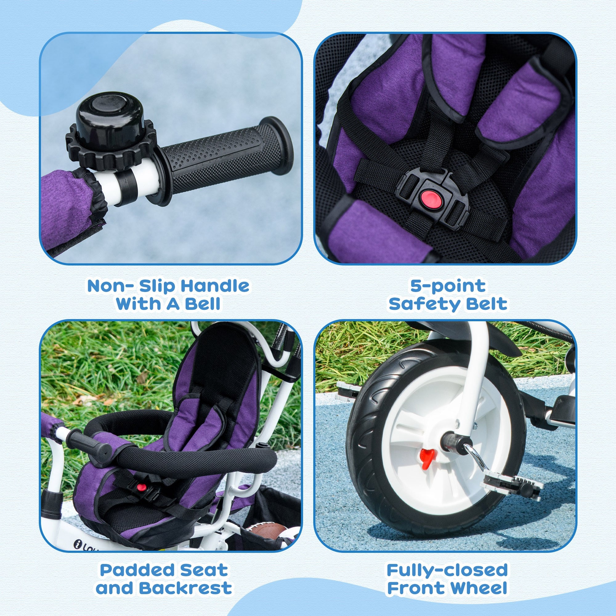 HOMCOM 6 in 1 Kids Trike Push Bike w/ Push Handle, Canopy, 5-point Safety Belt, Storage, Footrest, Brake, for 1-5 Years, Purple - North Peak Garden Furniture