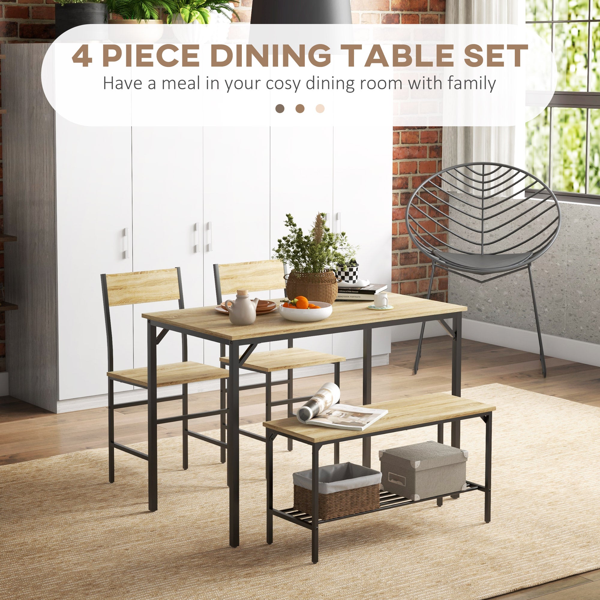 HOMCOM Four-Piece Dining Set, With Table, Chairs and Bench - North Peak Garden Furniture