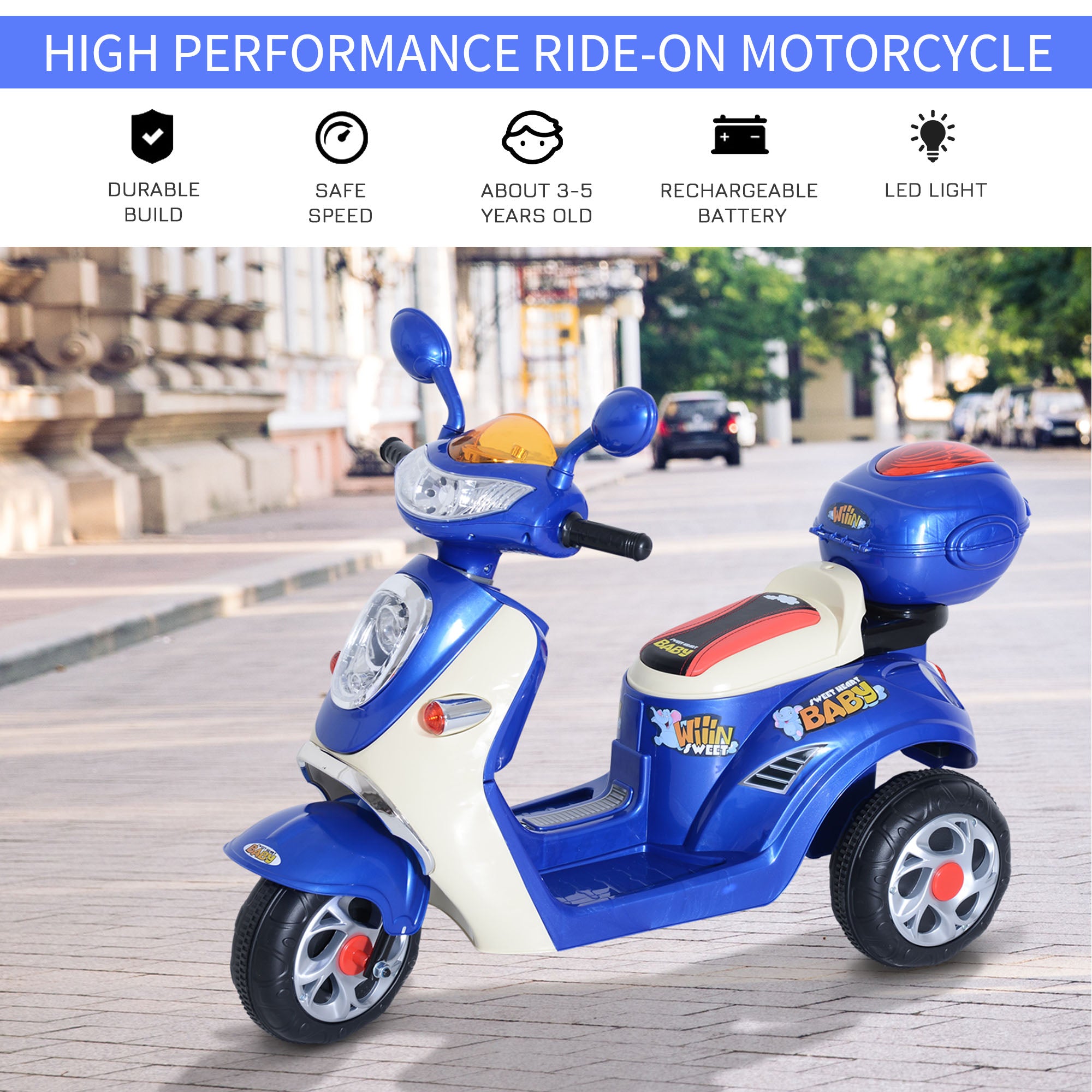 HOMCOM Kids Electric Ride On Toy Car 6V Electric Motorbike with Chargeable Battery Headlight and Music for 3-5 Years - Blue - North Peak Garden Furniture