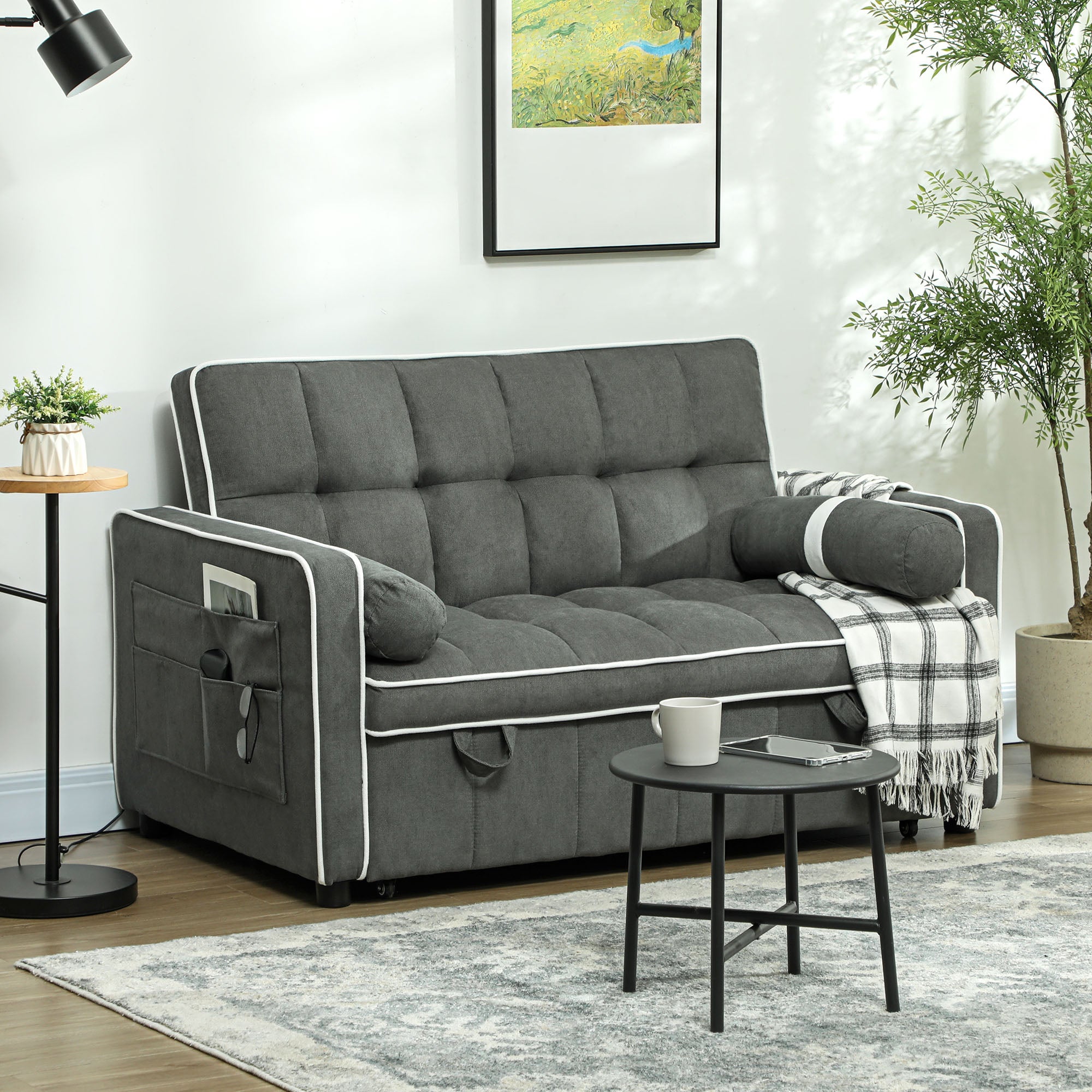 HOMCOM Two-Seater Linen-Look Sofa Bed - Charcoal Grey