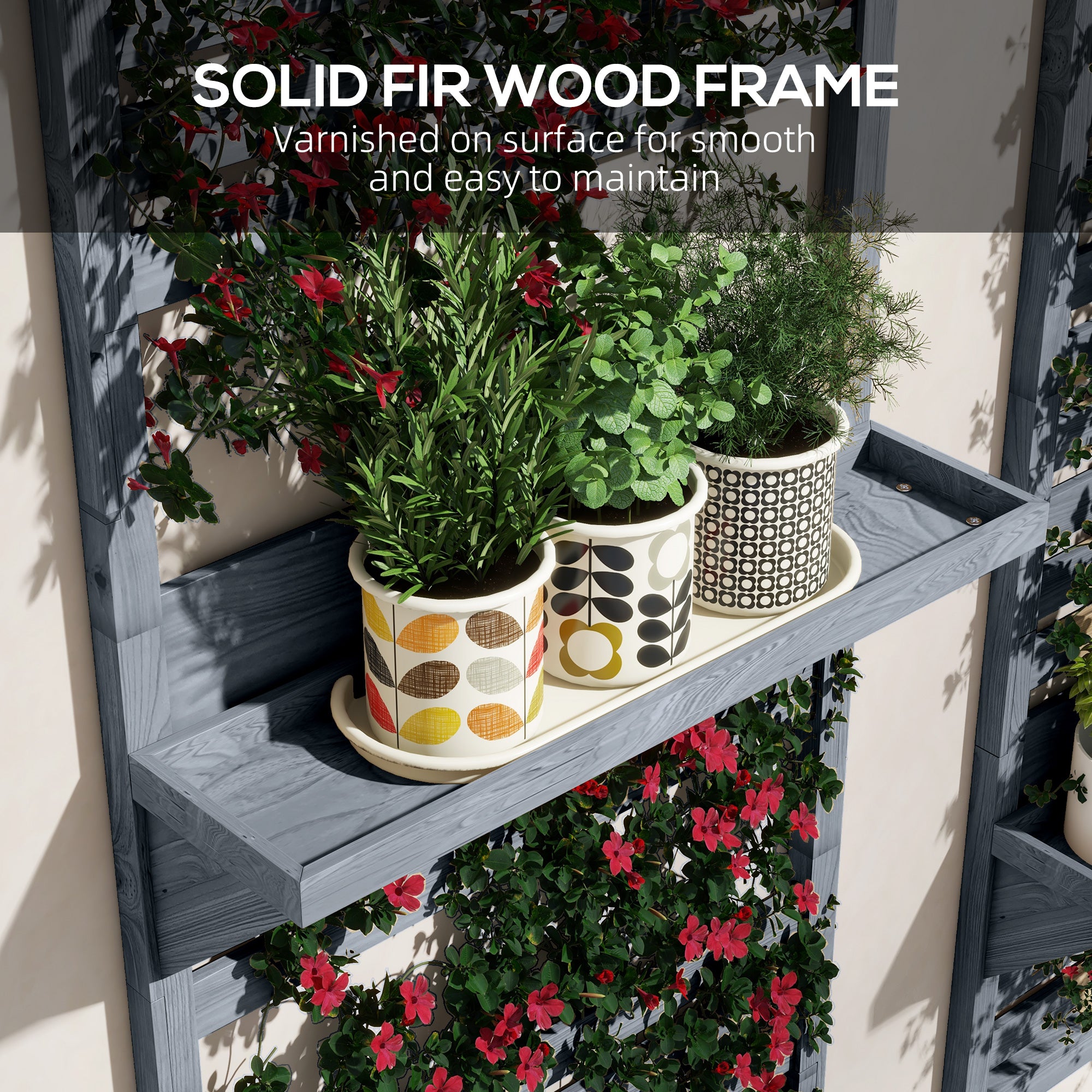 Outsunny Wall Mounted Plant Stands Set of 2, Fir Wood Flower Stand with Shelves and Slatted Trellis for Patio, Balcony, Porch - North Peak Garden Furniture