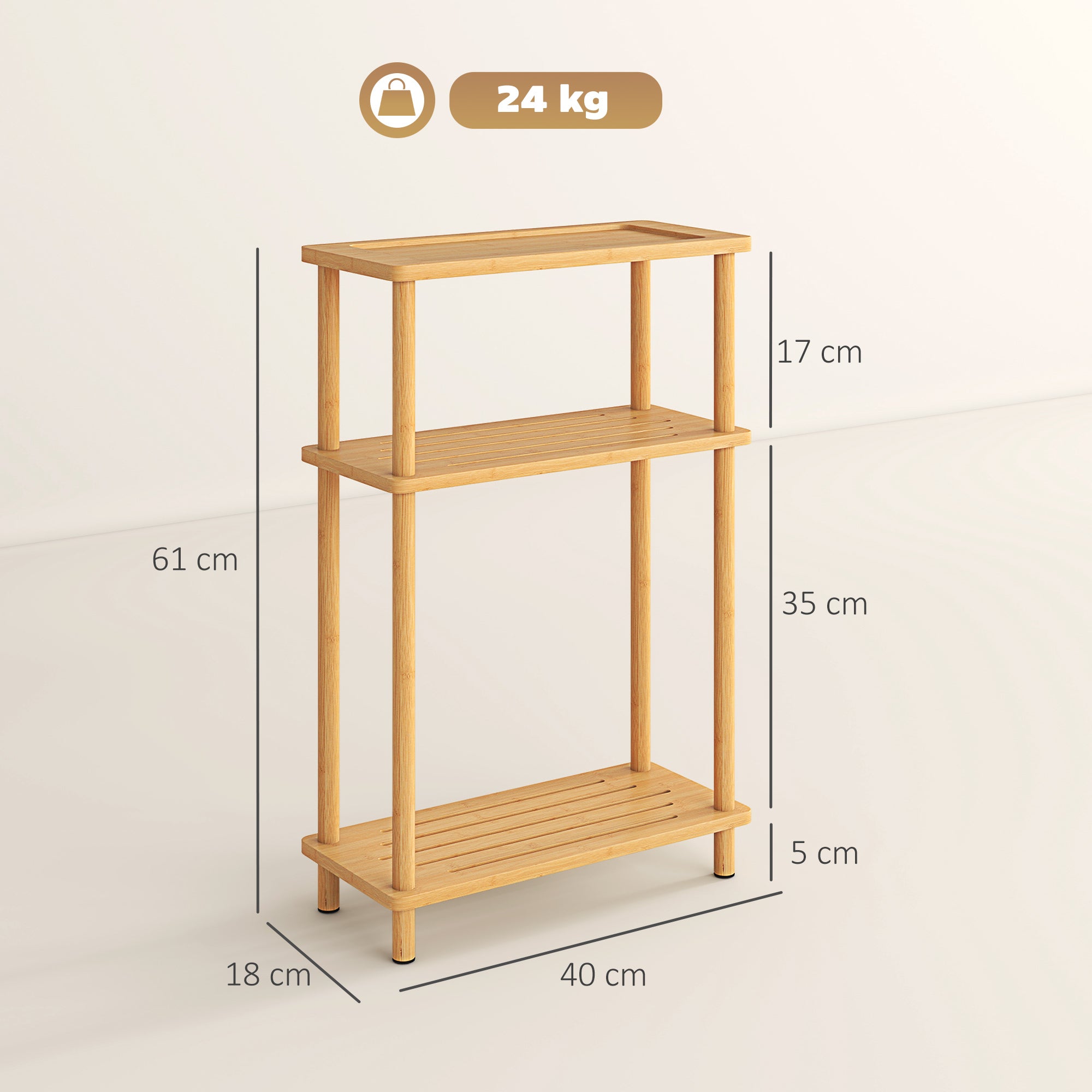 HOMCOM Bamboo Side Table, 3-Tier Slim End Table, Nordic Style, for Living Room, Bedroom, Office, Tool-Free Assembly, Natural Wood Finish