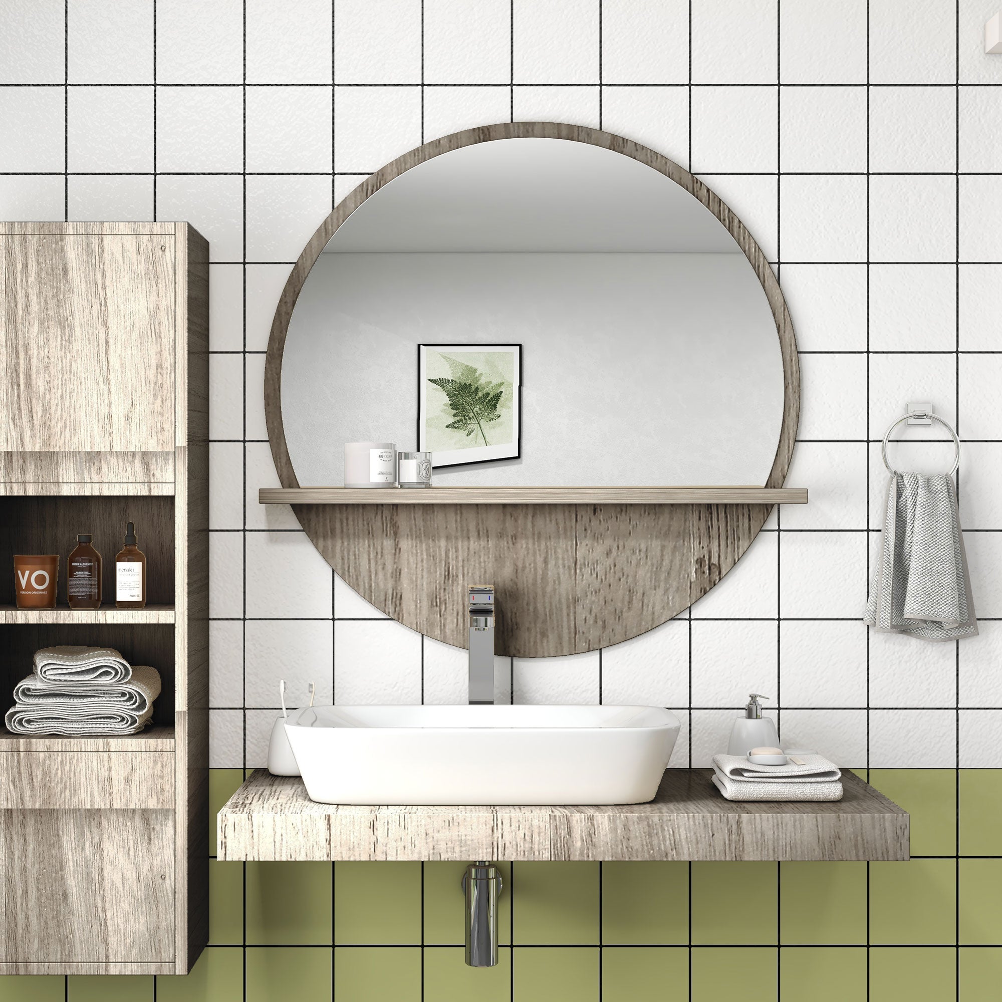 kleankin 45cm Round Home Mirror, with Shelf - Grey Wood-Effect