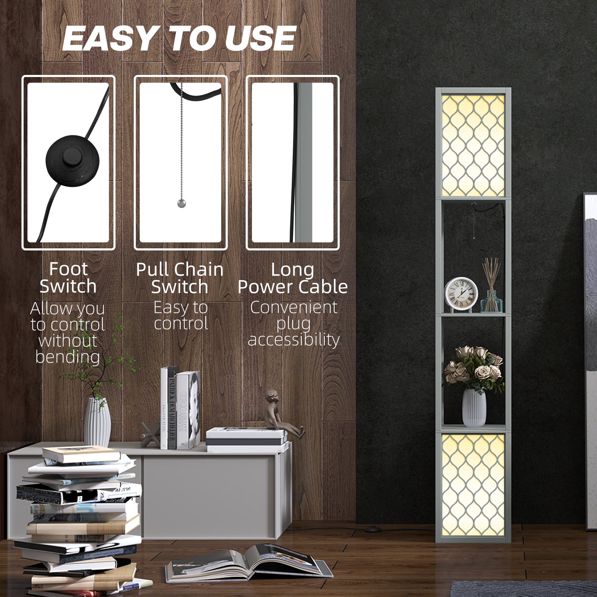 HOMCOM Floor Lamp with Shelves, Dual Light, Modern Tall Standing Lamps, with Pull Chain Switch (Bulb not Included), Light Grey - North Peak Garden Furniture