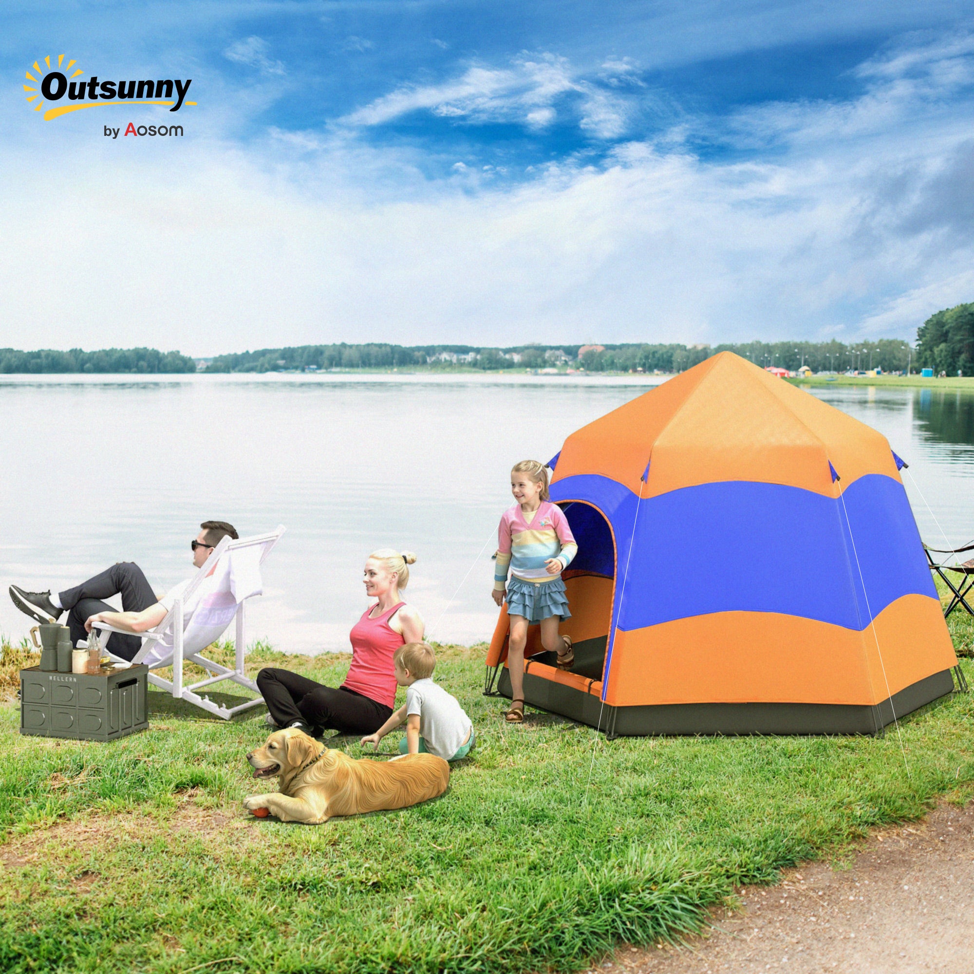 Outsunny Double Layer Dome Tent with Rainfly and Welded Floor, 4 Man Hexagon Pop Up Tent, Portable Camping Shelter with Hang Hook and Carry Bag, for Festival Hiking Family, Orange and Blue