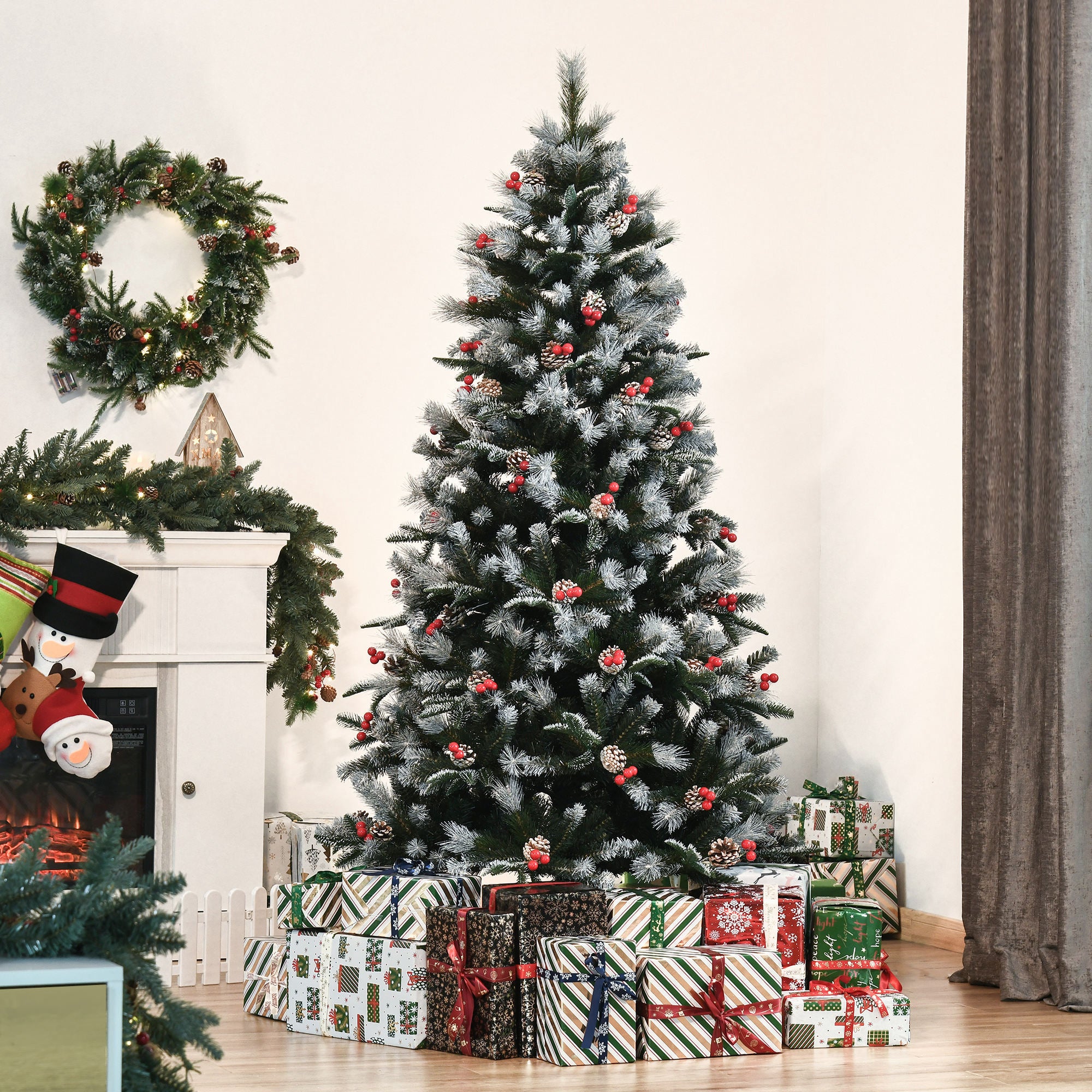 HOMCOM 6FT Artificial Snow Dipped Christmas Tree Xmas Pencil Tree Holiday Home Party Decoration with Foldable Feet Red Berries White Pinecones, Green - North Peak Garden Furniture