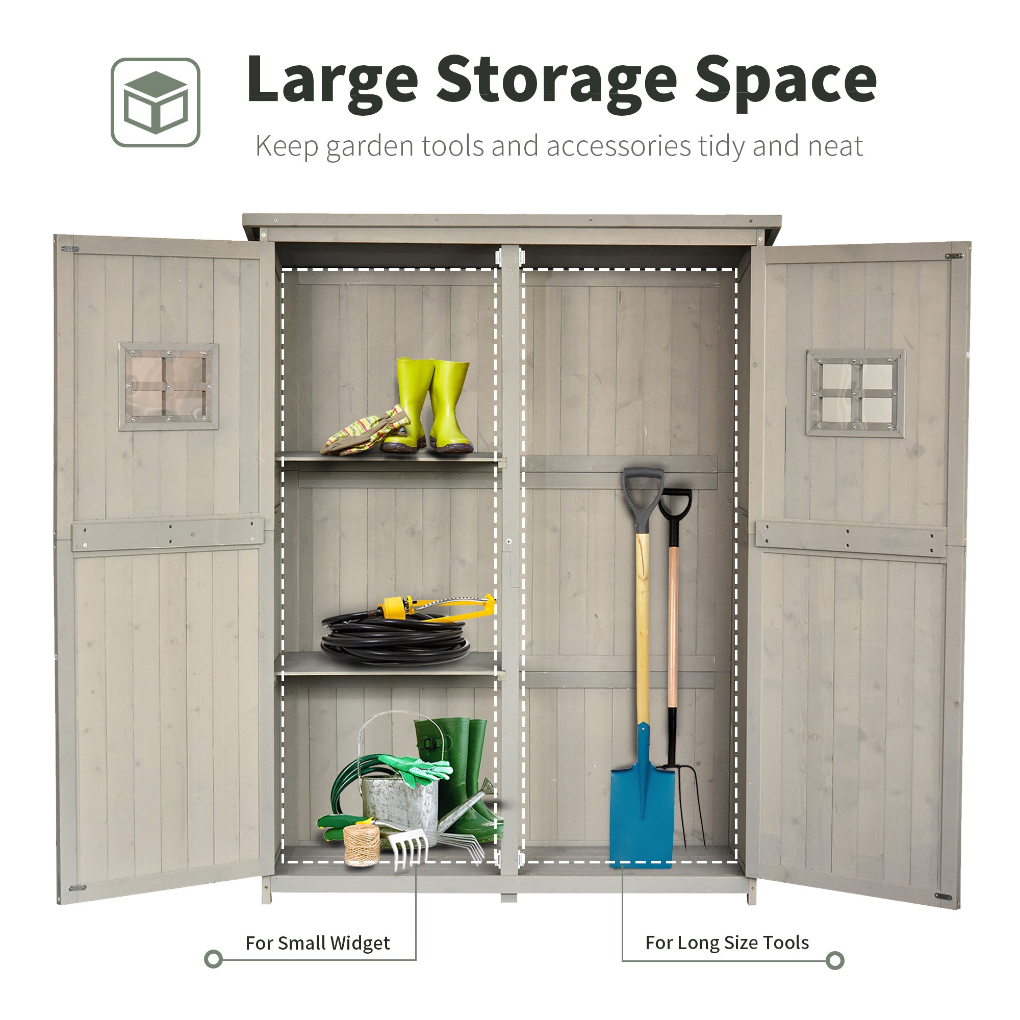Outsunny Wooden Garden Shed with Two Windows, Tool Storage Cabinet, Outdoor Double Door Organizer 127.5L x 50W x 164H cm, Grey - North Peak Garden Furniture
