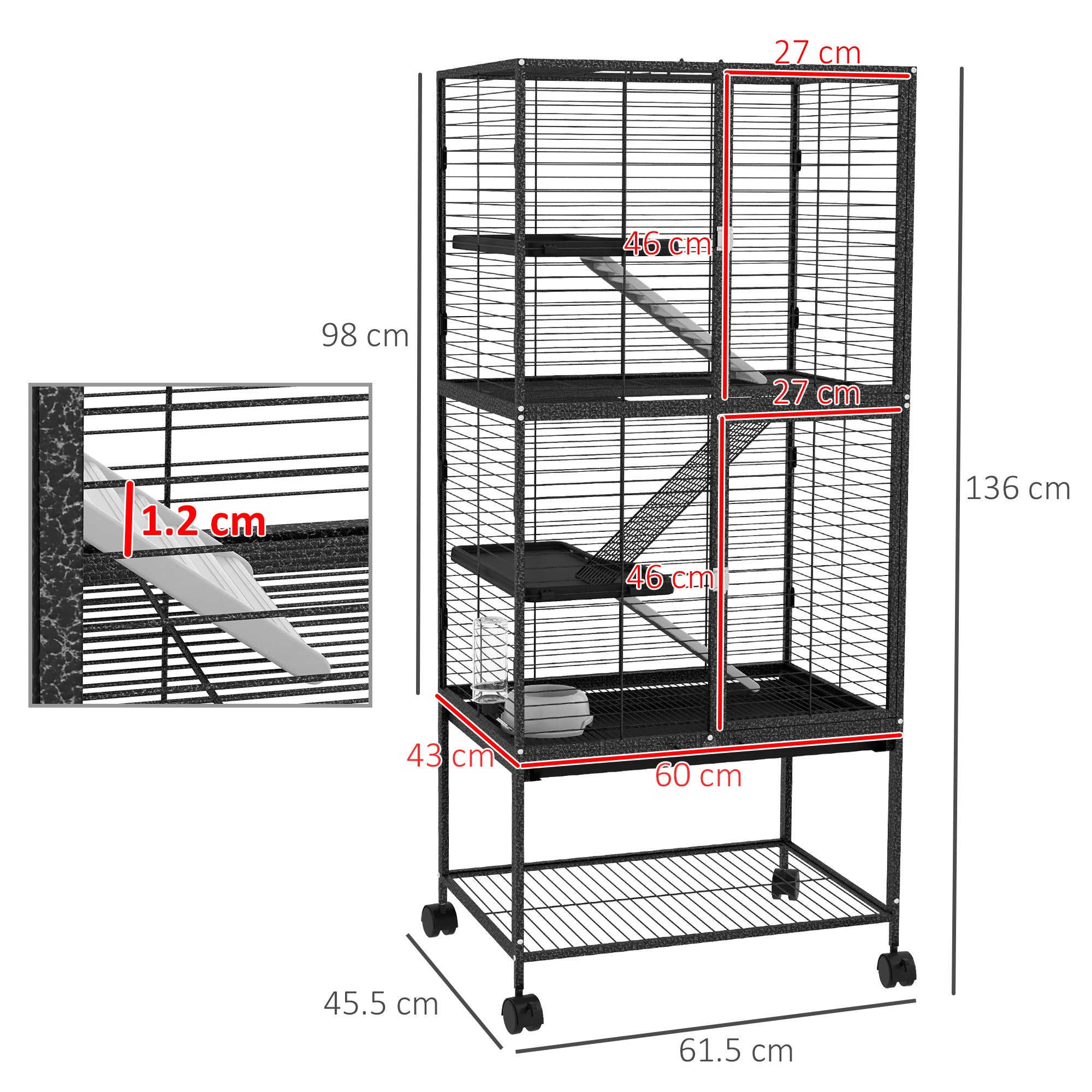 PawHut Rolling Chinchilla Cage, Small Animal Cage for Ferrets w/ Three Doors, Storage, Shelf, Tray Tray, Bowl, Water Bottle - North Peak Garden Furniture