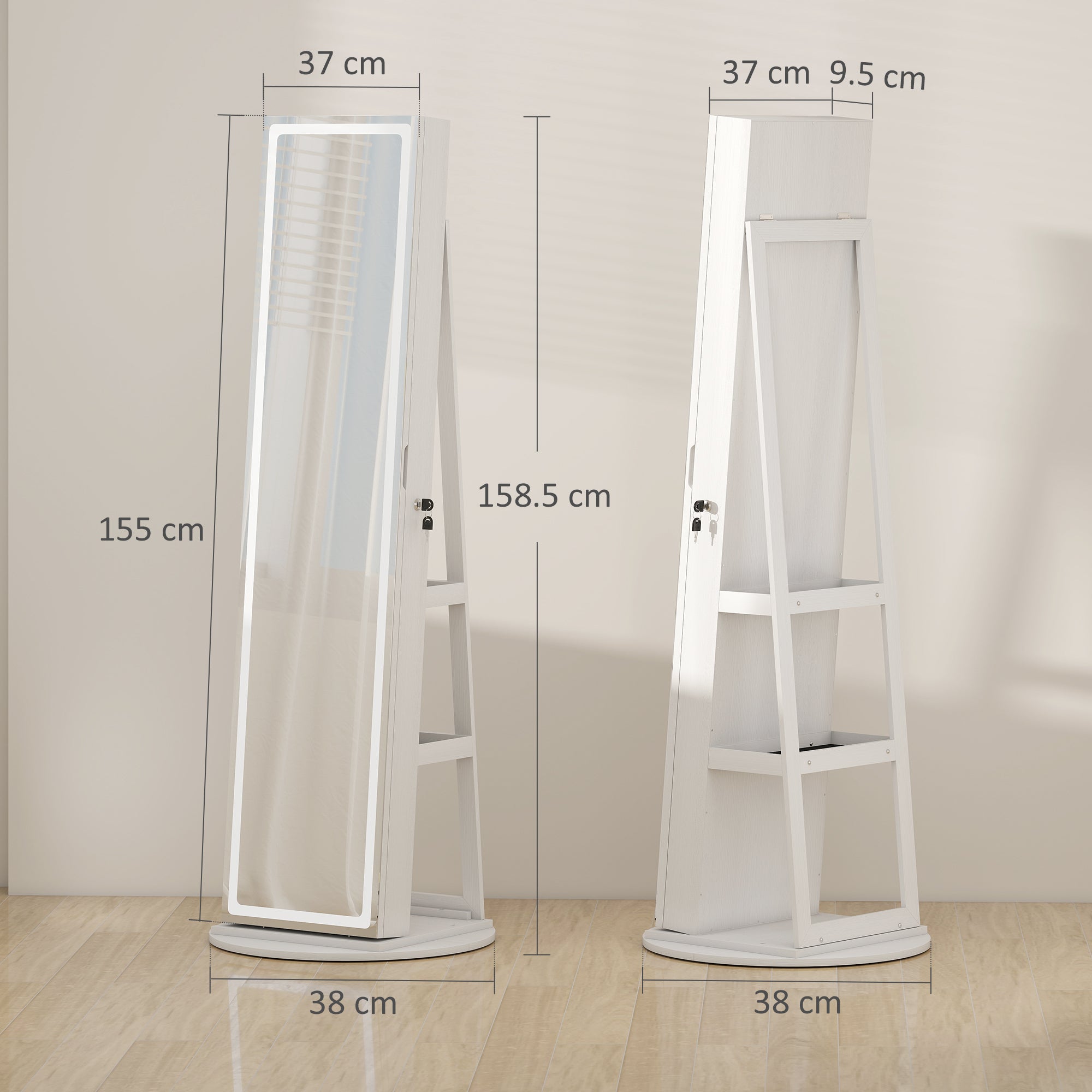 HOMCOM 360° Swivel Mirror Jewellery Cabinet with 3 Colour LED Lights, Lockable Jewellery Organiser, Free Standing Full Length Mirror with Storage for Earrings, Necklaces, Rings and Lipsticks, White