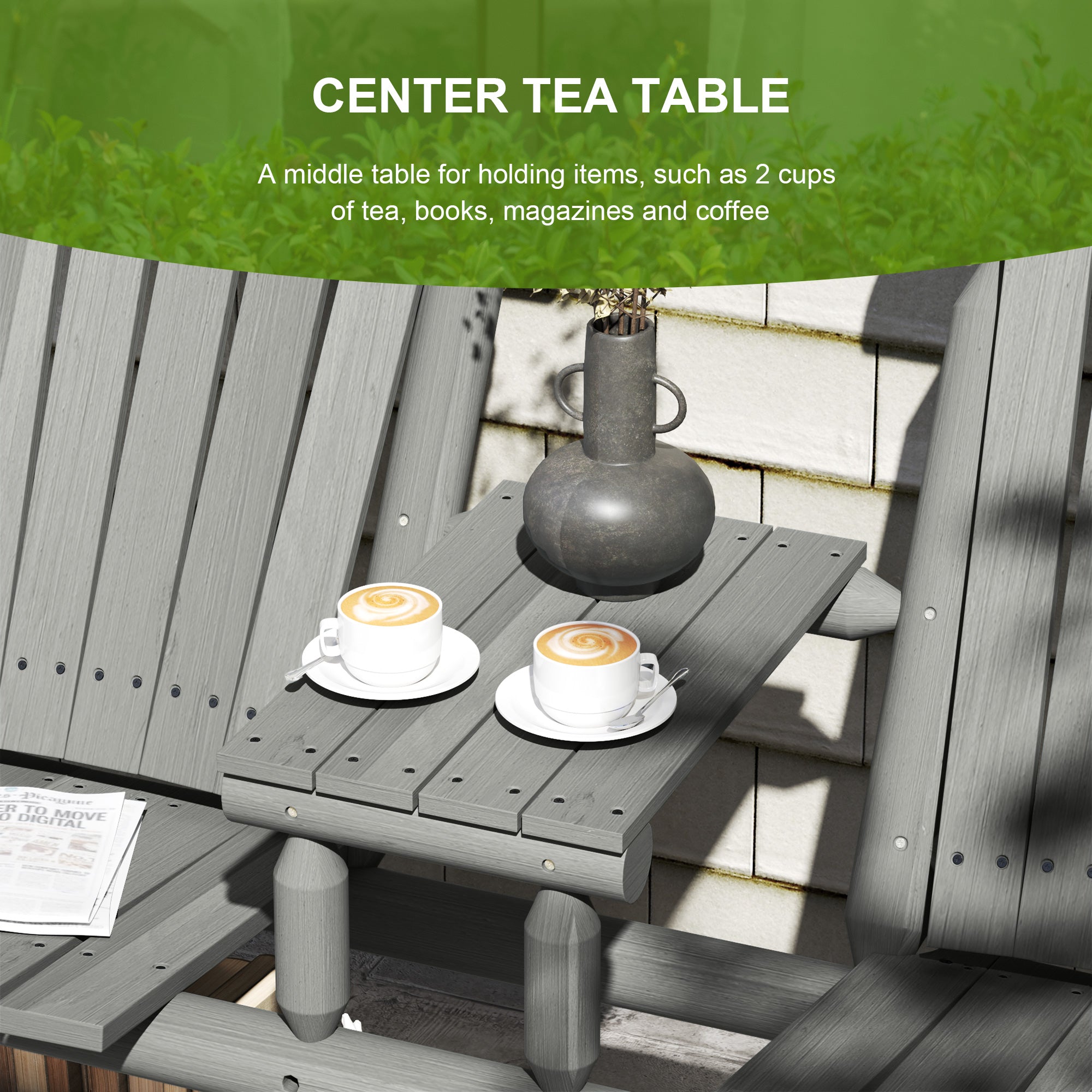 Outsunny Wood Patio Chair Bench 2 Seats w/ Centre Coffee Table, Garden Bench, Grey - North Peak Garden Furniture