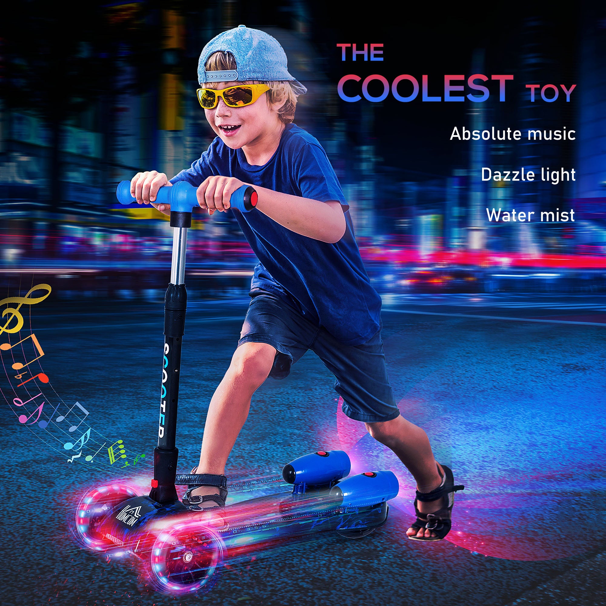HOMCOM Scooter for Kids Toddler 3 Wheel Adjustable Height w/ Flashing Wheels Music Water Spray Foldable Kick Scooter for Boys and Girls 3 - 6 Yrs Blue - North Peak Garden Furniture