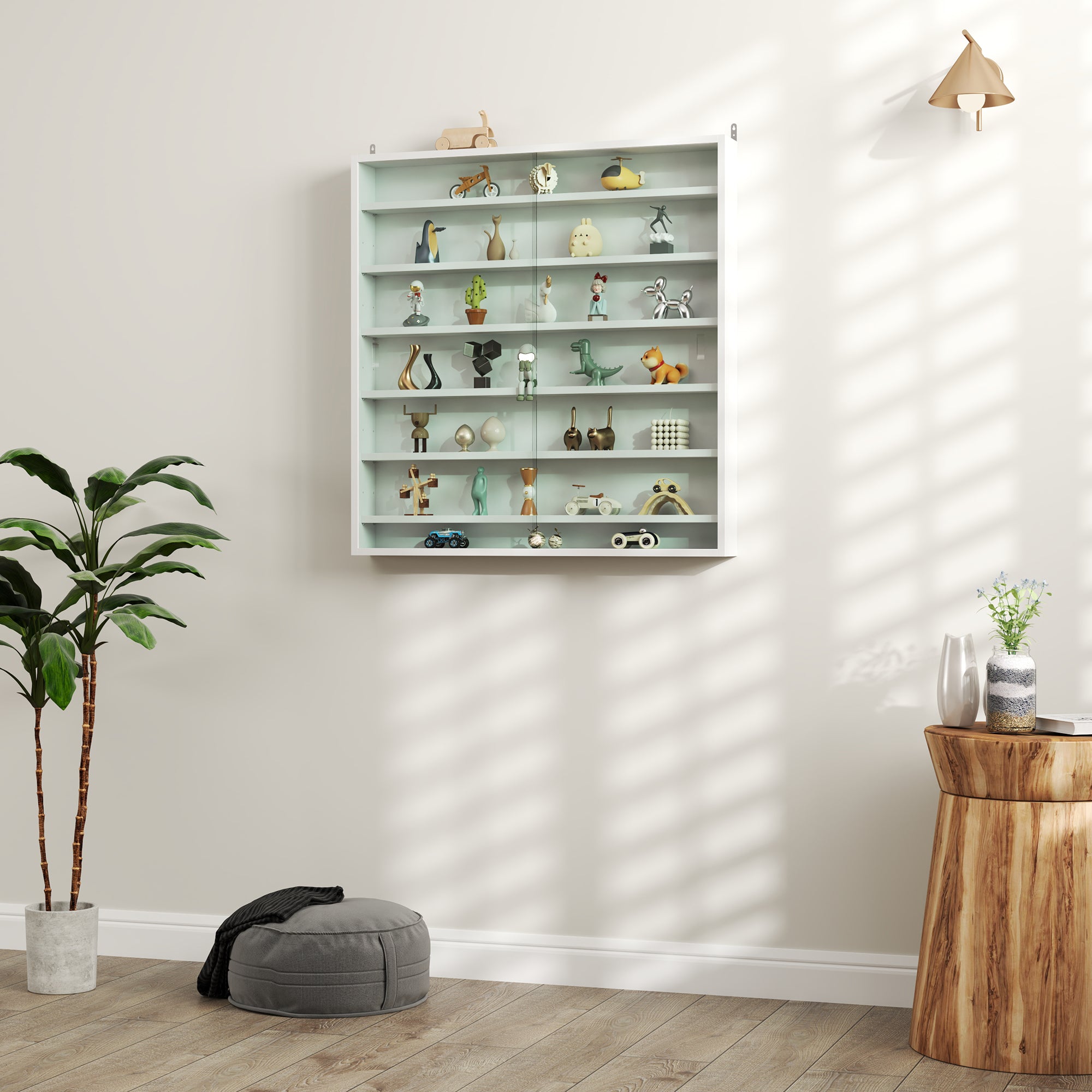 HOMCOM 7-Tier Wall Display Shelf Unit Cabinet w/ 6 Adjustable Shelves Glass Doors Home Office Ornaments 83x80cm, White - North Peak Garden Furniture