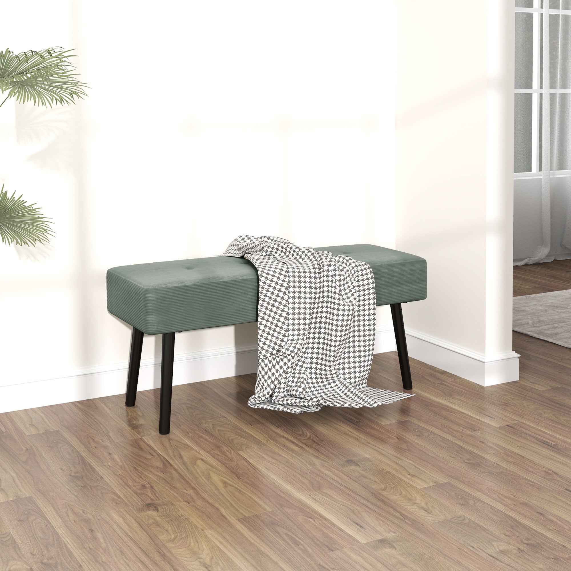 HOMCOM End of Bed Bench, Corduroy Bedroom Bench with Thick Padding and Steel Legs, Tufted Window Seat for Entryway, Living Room, Green - North Peak Garden Furniture