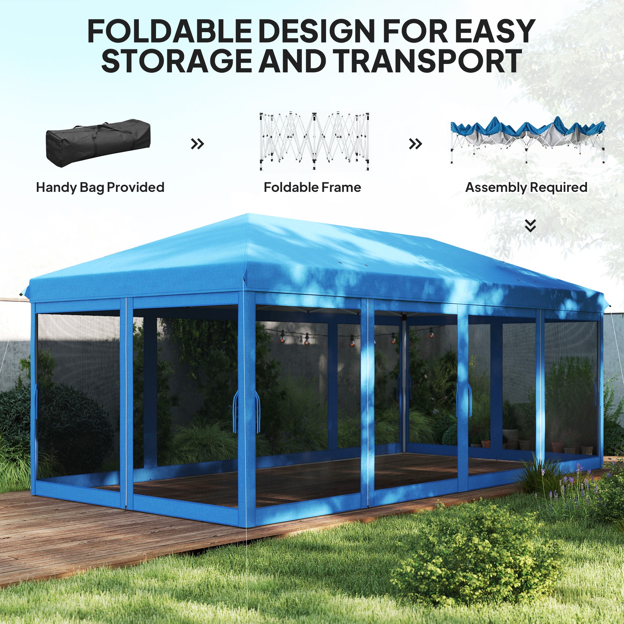 Outsunny 3 x 6m Pop Up Gazebo, Outdoor Canopy Shelter, Marquee Party Wedding Tent with 6 Mesh Walls and Carry Bag, Blue - North Peak Garden Furniture