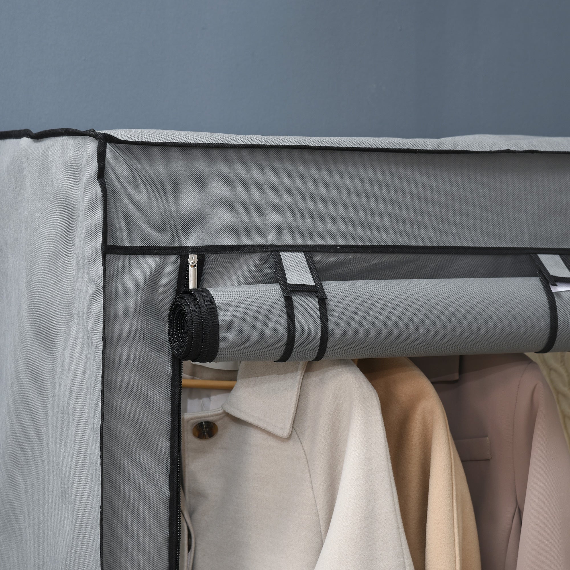 HOMCOM Steel Frame Fabric Wardrobe, with Rail and Shelves - Light Grey - North Peak Garden Furniture