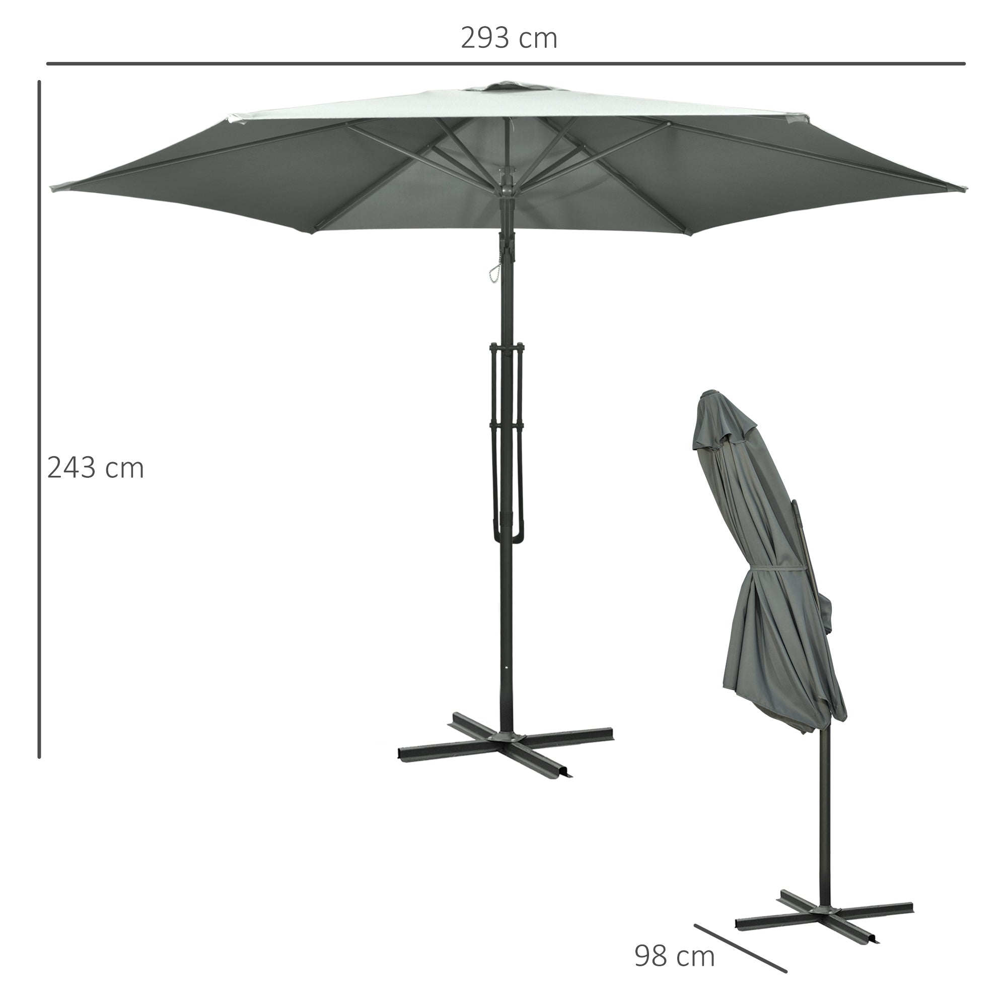 Outsunny 3m Cantilever Parasol with Easy Lever, Patio Umbrella with Crank Handle, Cross Base and 6 Metal Ribs, Outdoor Sun Shades for Garden, Grey - North Peak Garden Furniture