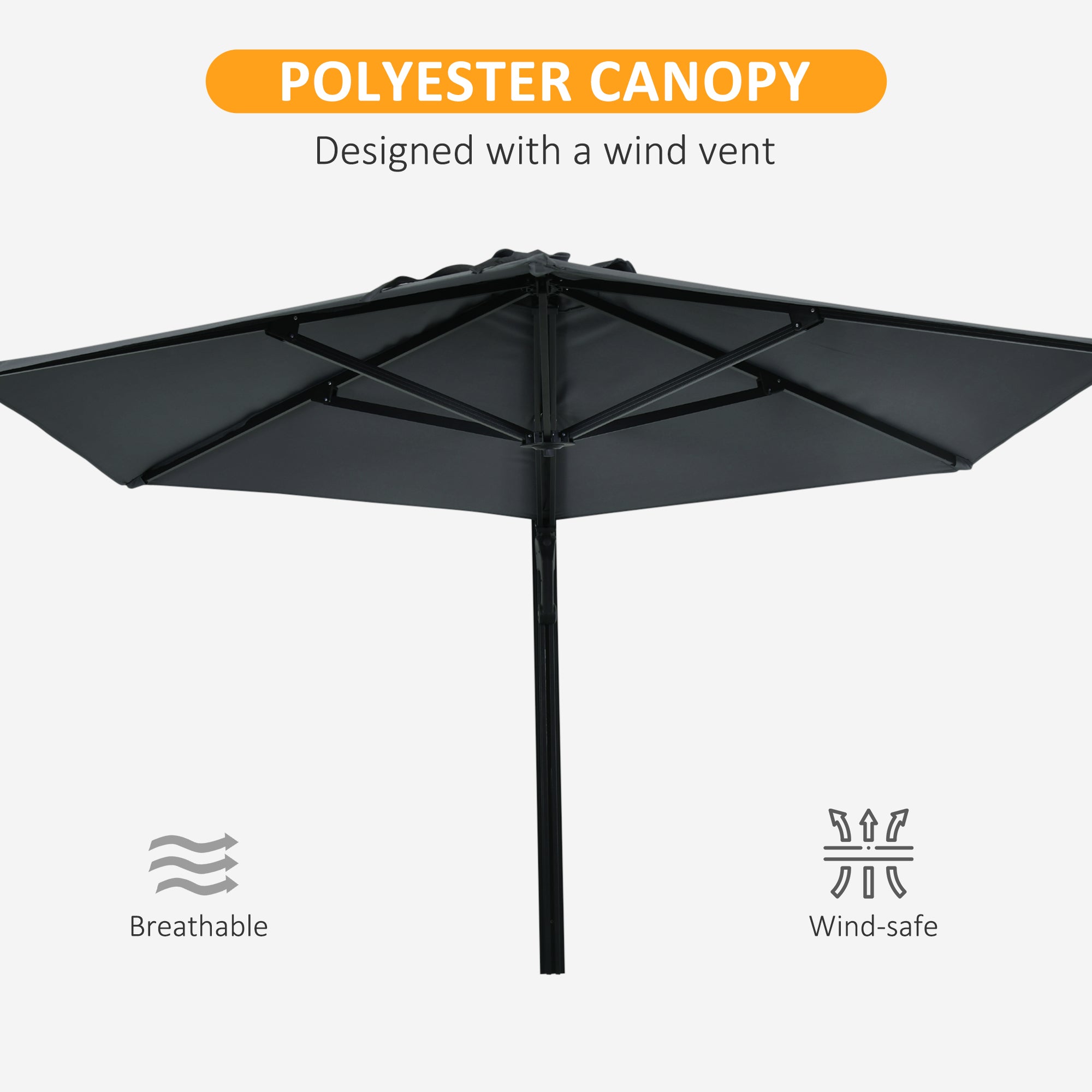 Outsunny 2.5m Wall Mounted Parasol, Hand to Push Outdoor Patio Umbrella with 180 Degree Rotatable Canopy for Porch, Deck, Garden, 250 cm, Dark Grey - North Peak Garden Furniture
