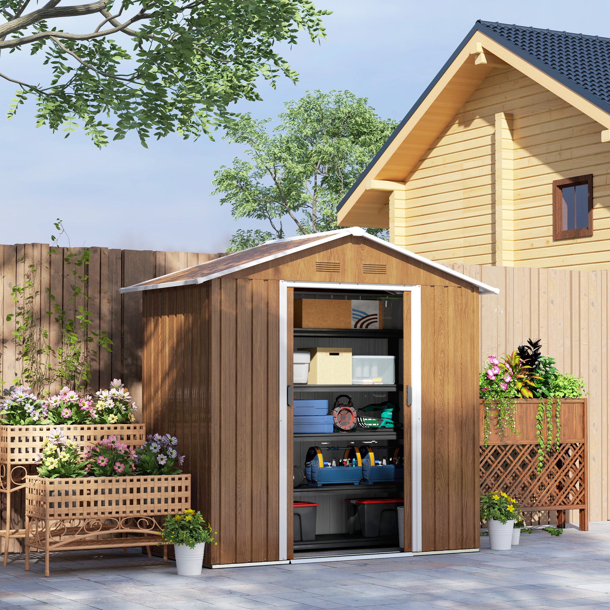 Outsunny 6.5 x 3.5ft Metal Garden Storage Shed - Brown Wood Effect - North Peak Garden Furniture
