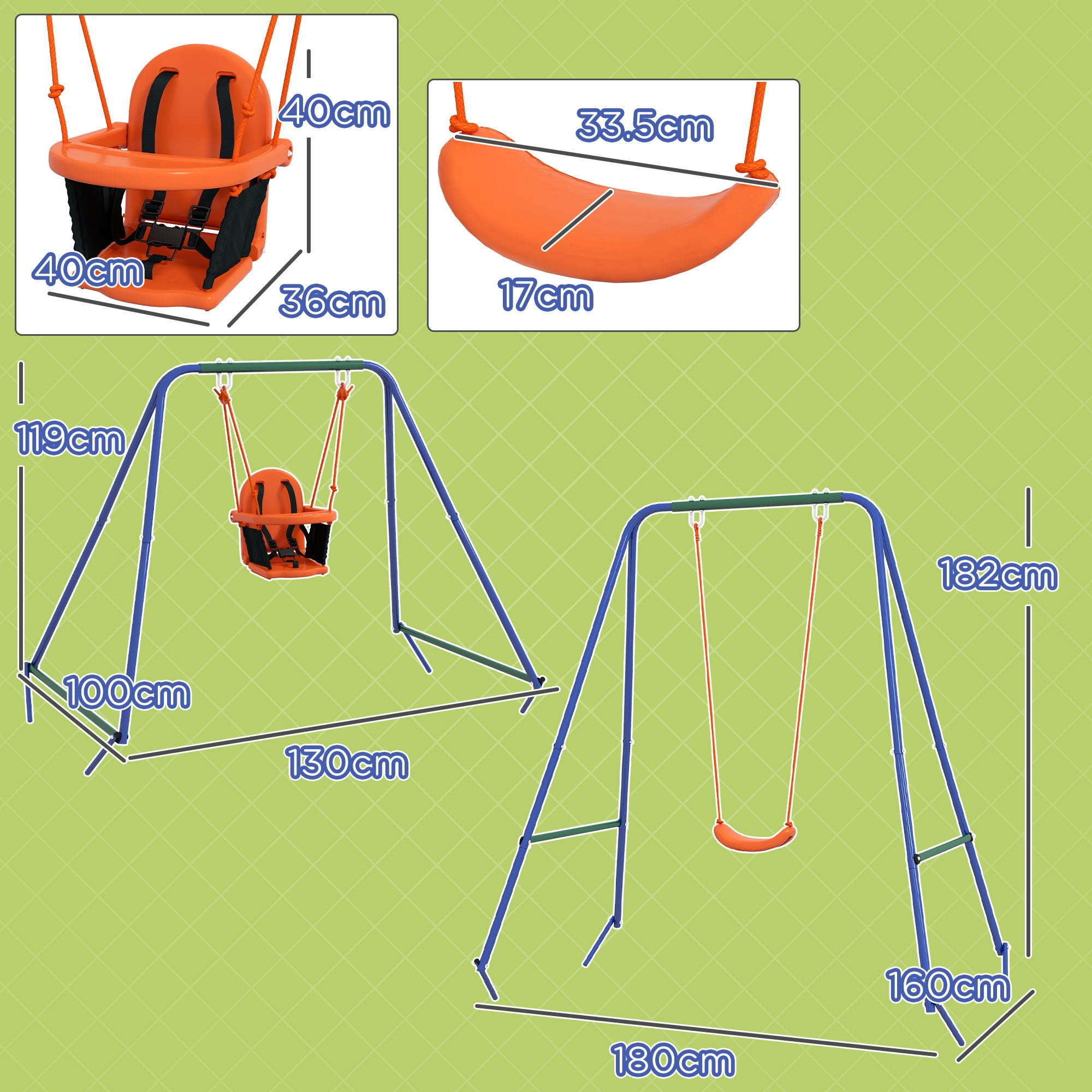Outsunny Two-In-One Toddler Garden Swing, with Comfortable Seat, Safety Belt - Orange and Blue - North Peak Garden Furniture