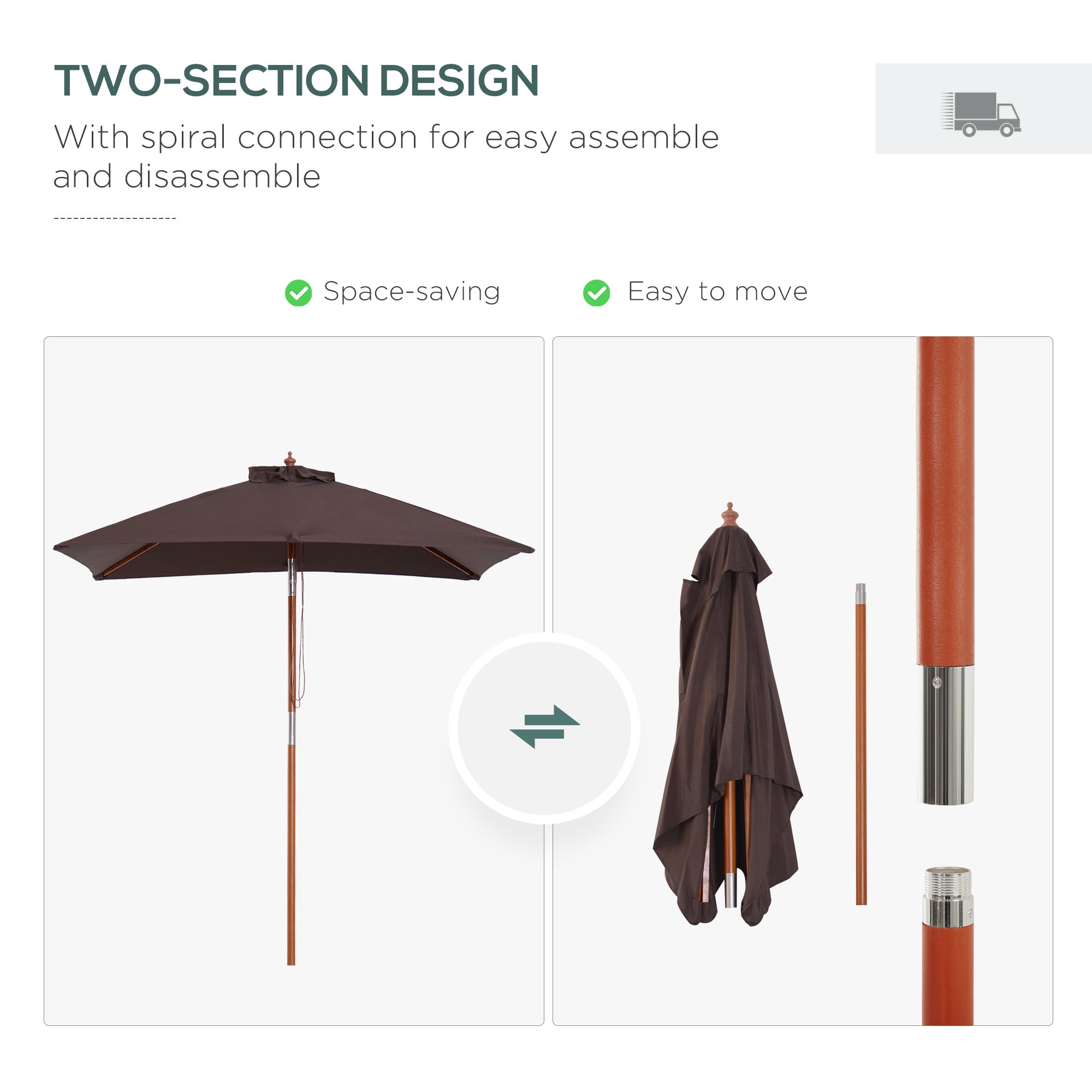 Outsunny 2m x 1.5m Garden Parasol Umbrella with Tilting Sunshade Canopy, Outdoor Market Table Umbrella with Wood and Bamboo Frame, Coffee - North Peak Garden Furniture
