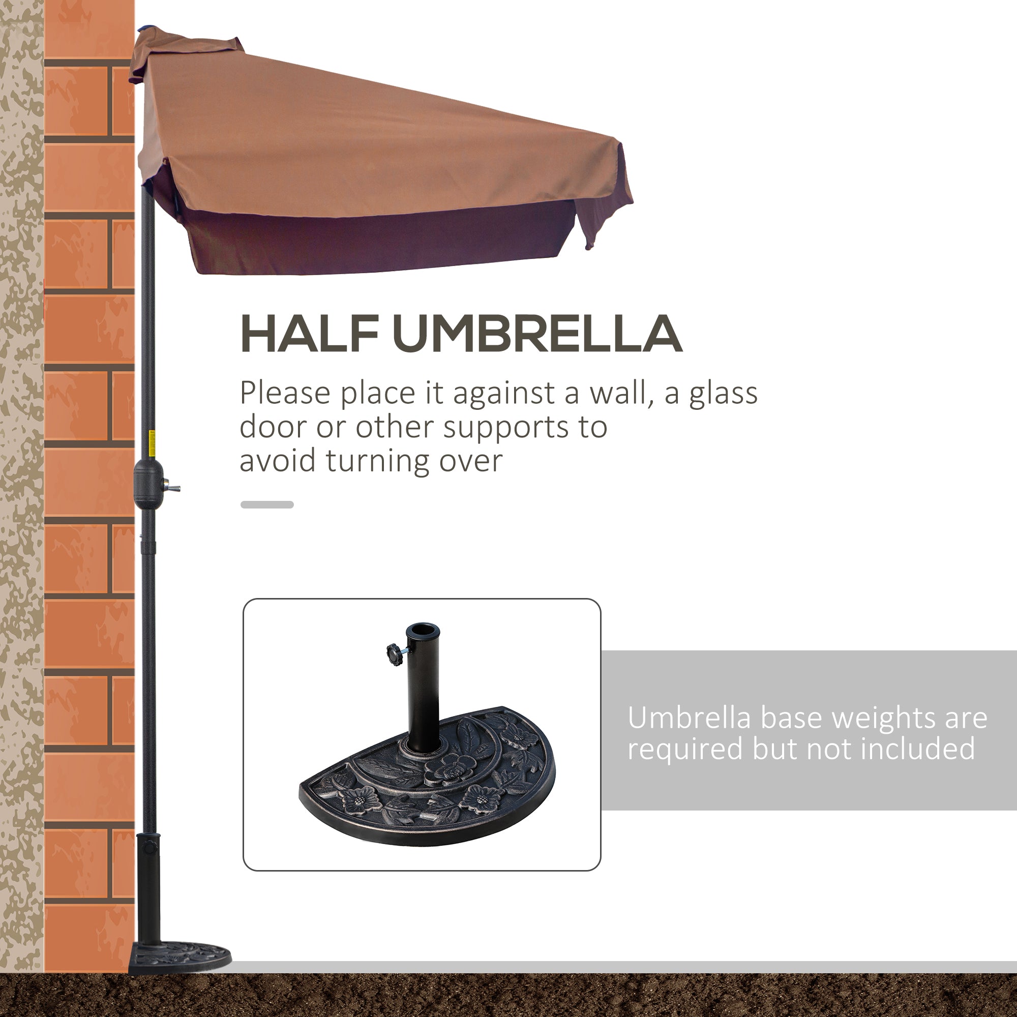Outsunny 2.3m Half-Square Parasol, for Balconies and Walls - Brown - North Peak Garden Furniture