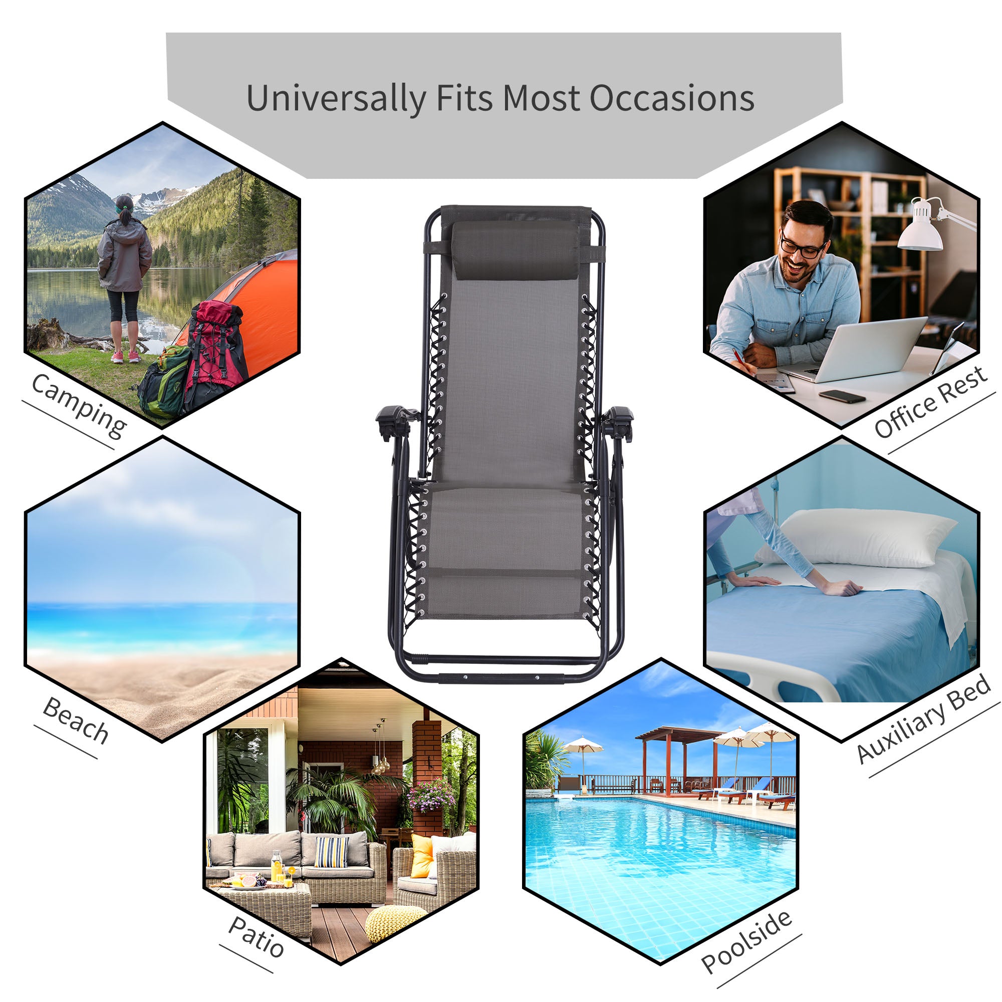 Outsunny Zero Gravity Chair Metal Frame Texteline Armchair Outdoor Folding and Reclining Sun Lounger with Head Pillow for Patio Decking Gardens Camping, Grey