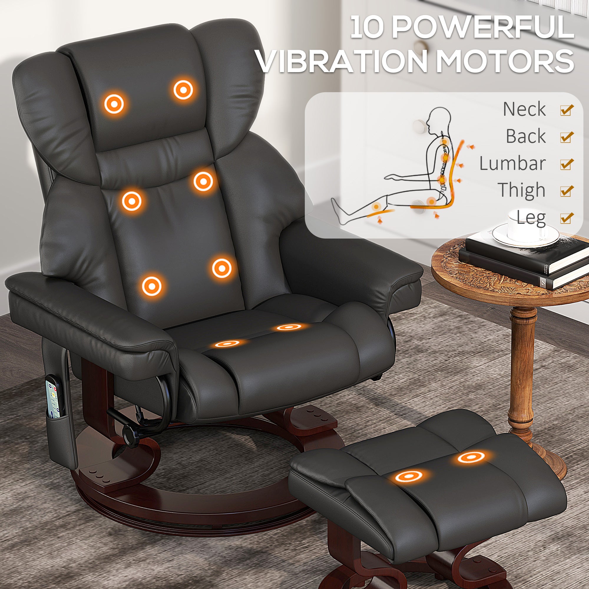 HOMCOM Massage Recliner Chair with Footstool, Upholstered Reclining Armchair with Adjustable Backrest, Steel Frame and Wood Base, Swivel Chair for Living Room, Bedroom, Black - North Peak Garden Furniture