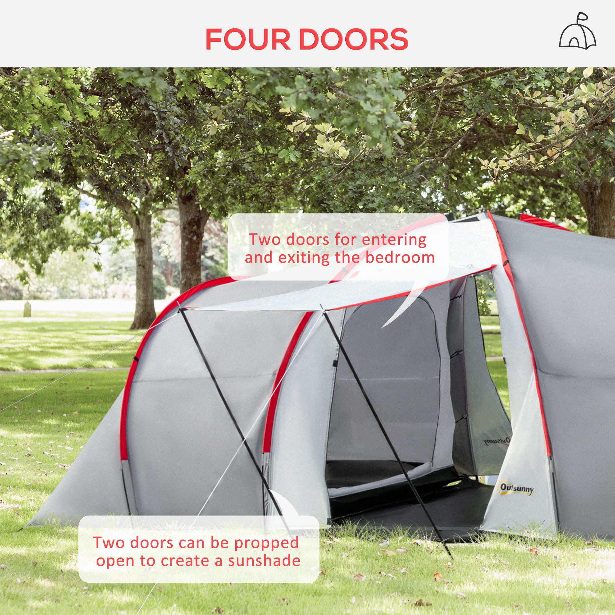 Outsunny Four-Man Tunnel Tent, with Two Bedrooms and Living Room - Grey/Red - North Peak Garden Furniture