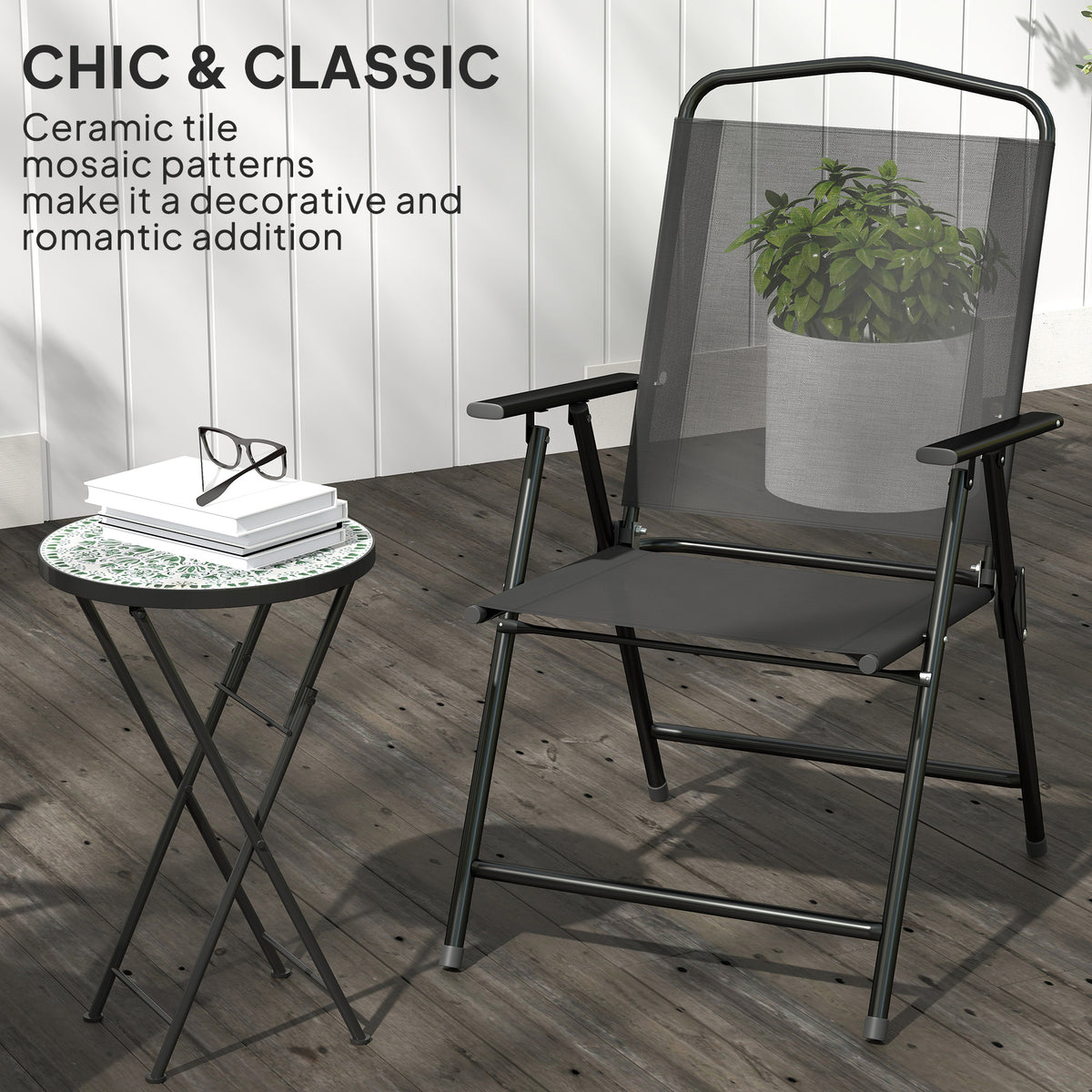 Outsunny Mosaic Outdoor Garden Table, 35.5cm Round Folding Coffee Table with Metal Frame for Balcony Terrace, Green