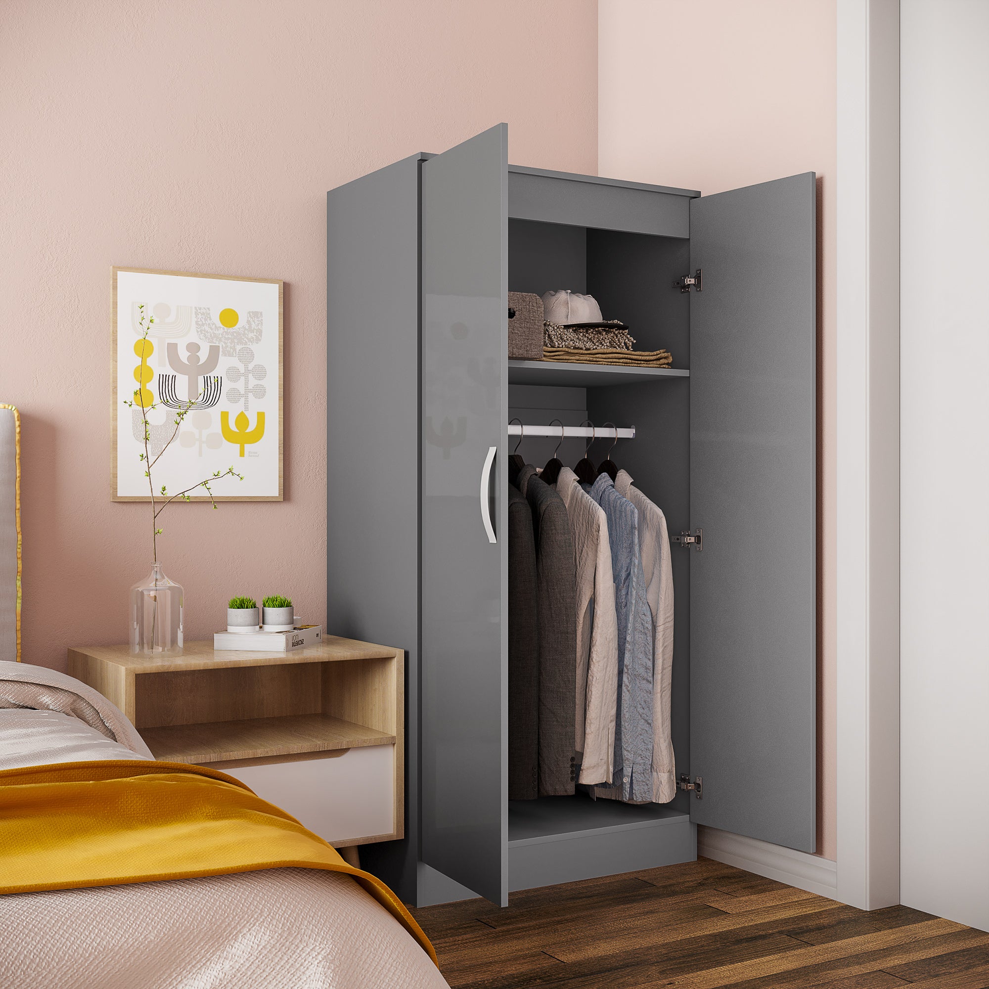HOMCOM High Gloss Wardrobe, 2 Door Wardrobe with Hanging Rod and Storage Shelf, Clothes Storage Organizer with Anti-tipping Design for Bedroom, Grey - North Peak Garden Furniture