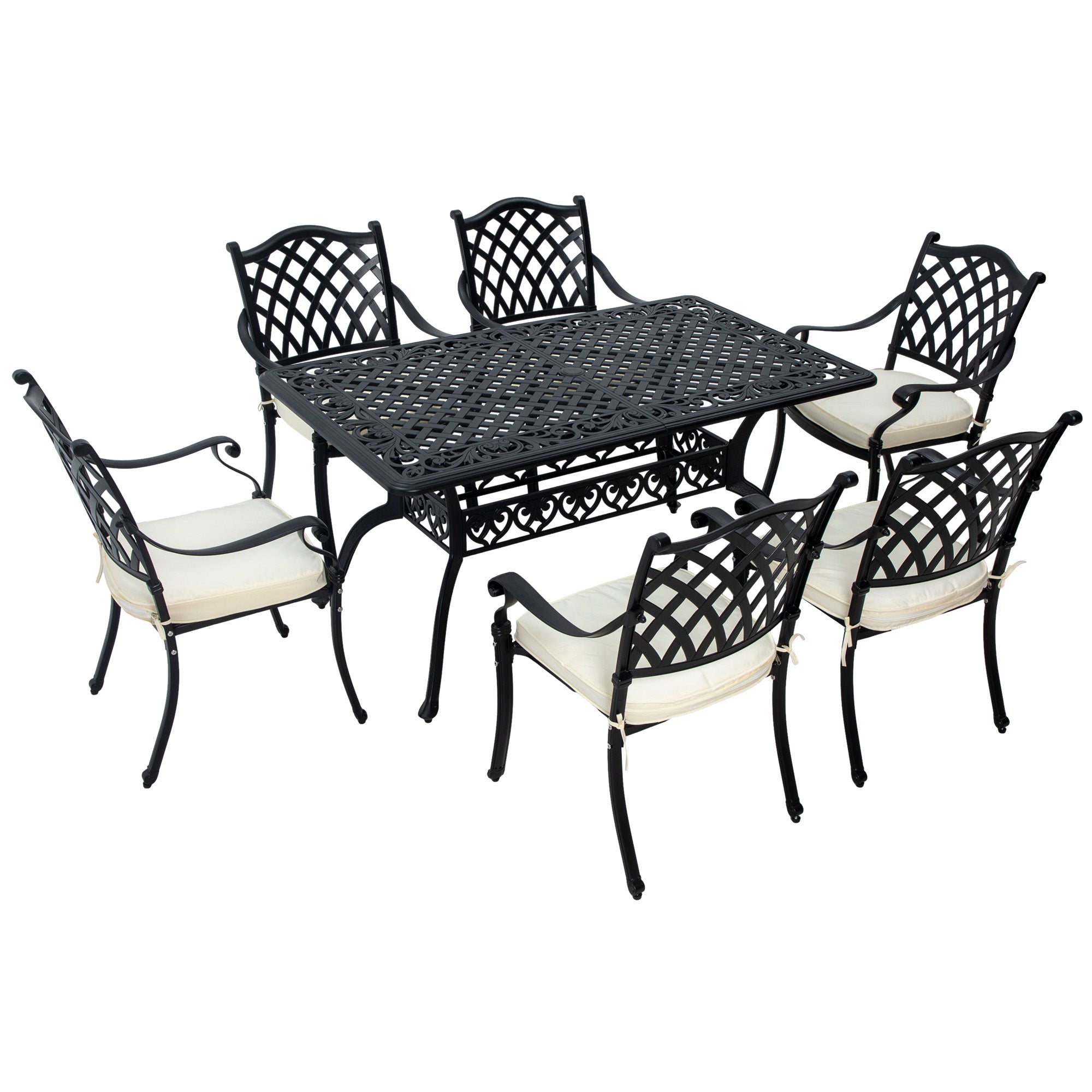 Outsunny 7 Pieces Aluminium Patio Dining Set with Umbrella Hole Black - North Peak Garden Furniture