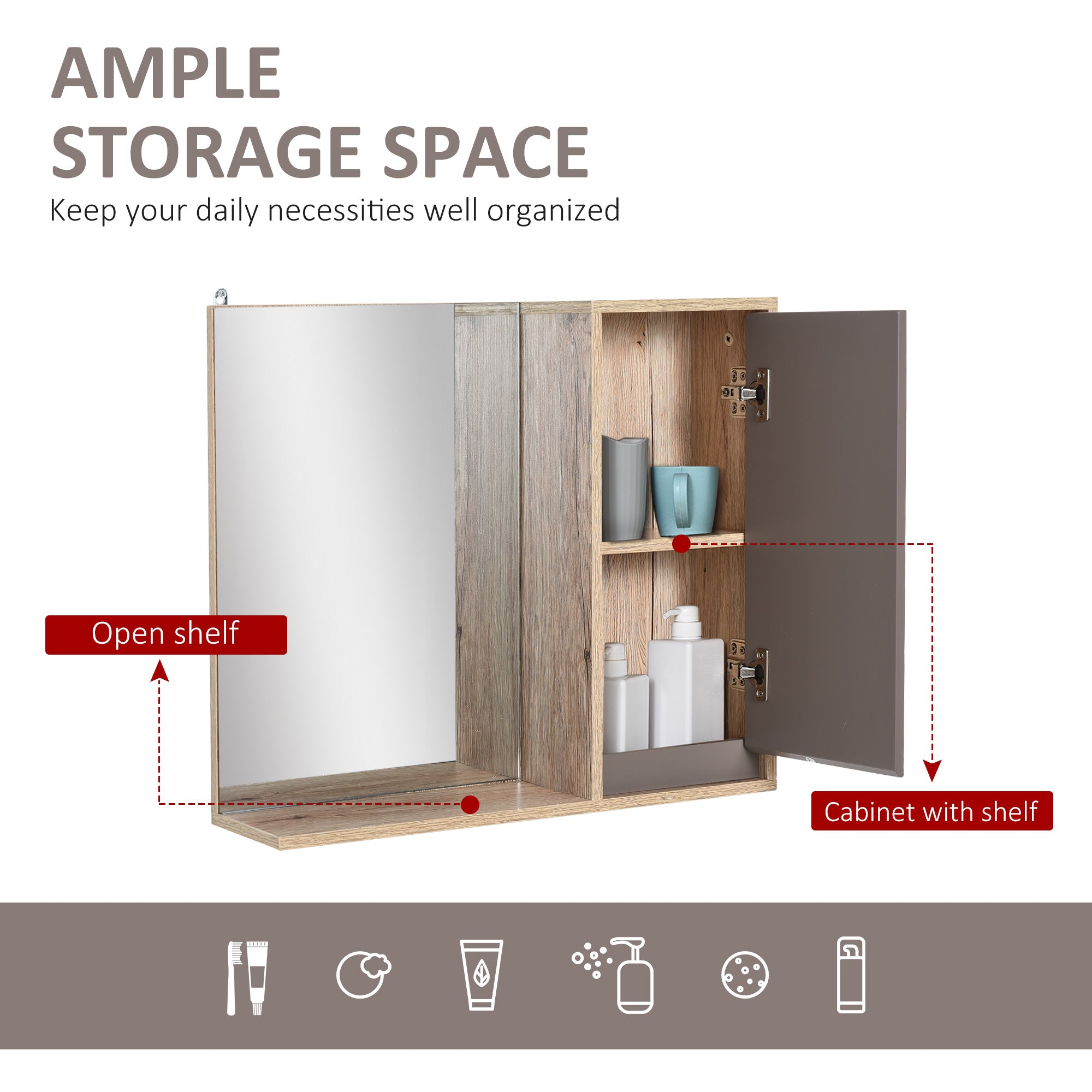 HOMCOM Bathroom Mirror Cabinet, Wall-Mounted Bathroom Cabinet with Mirror and Adjustable Inner Shelf, 57L x 14.2W x49.2H cm - North Peak Garden Furniture