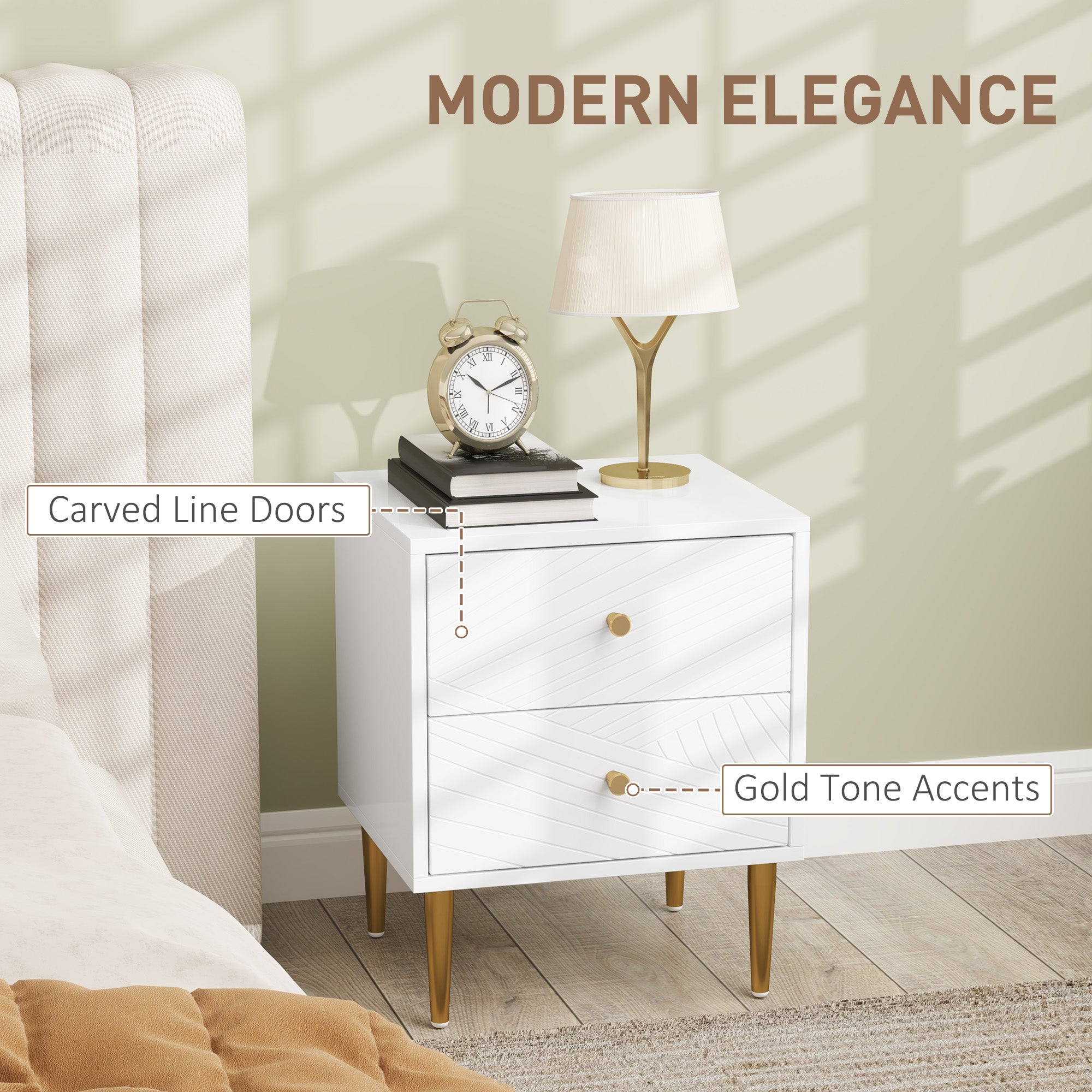HOMCOM Elegant Two-Drawer Bedside Table - White/Gold-Tone - North Peak Garden Furniture