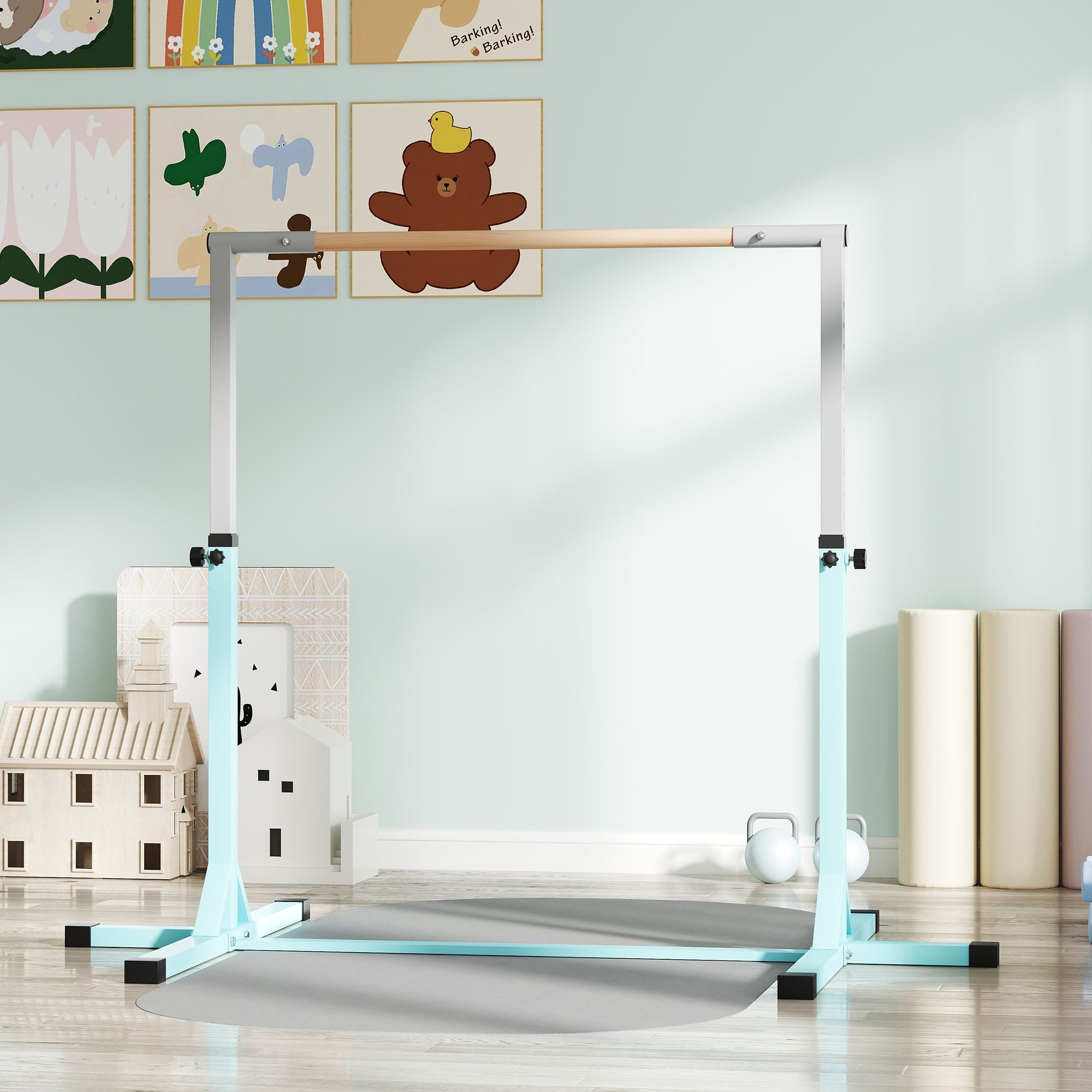 HOMCOM Height Adjustable Gymnastics Horizontal Bar for Kids, Children Junior Kip High Bar Fitness, Light Blue - North Peak Garden Furniture