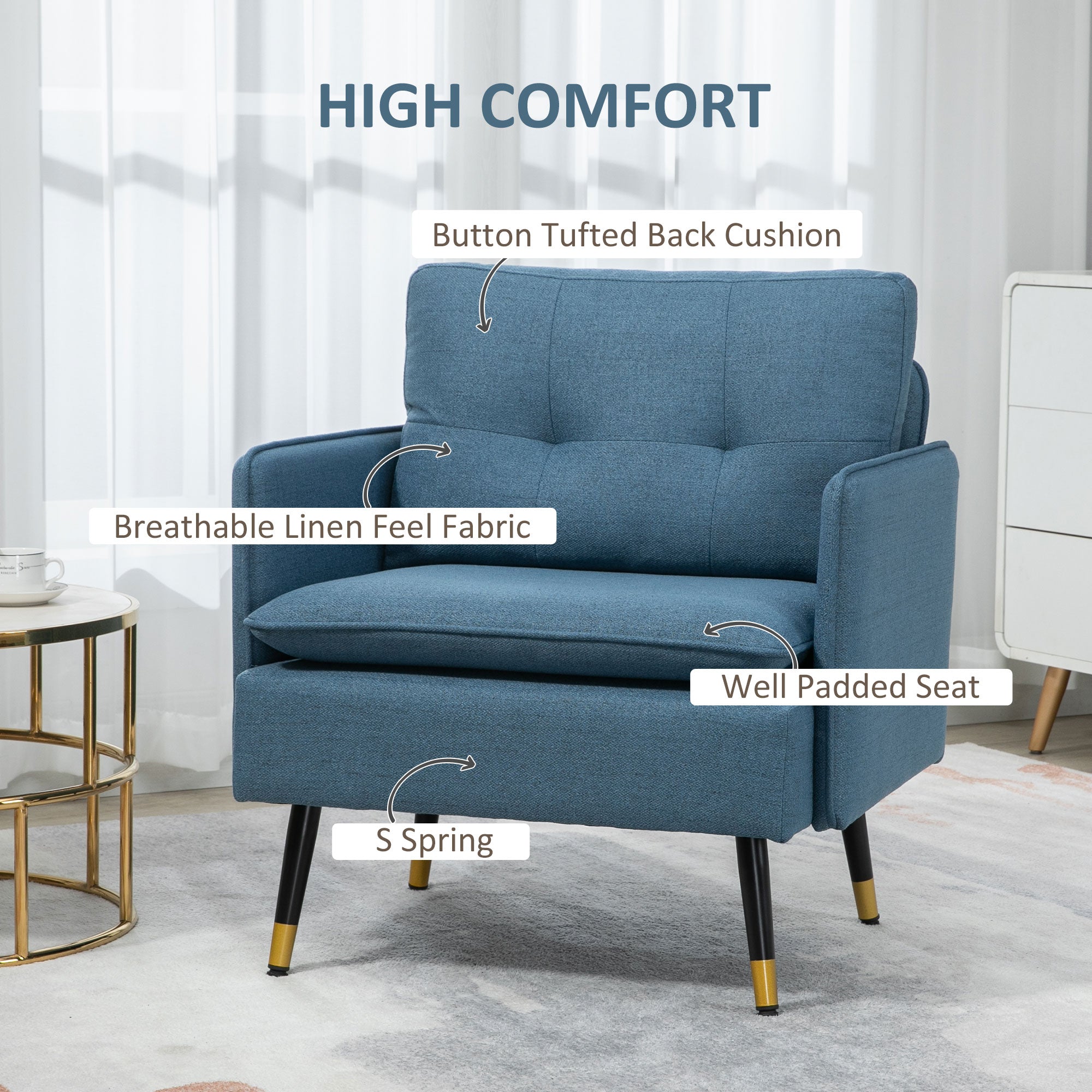 HOMCOM Modern One Seater Sofa, Button Tufted Armchair with Cushions and Steel Legs for Living Room, Guest Room, Dark Blue