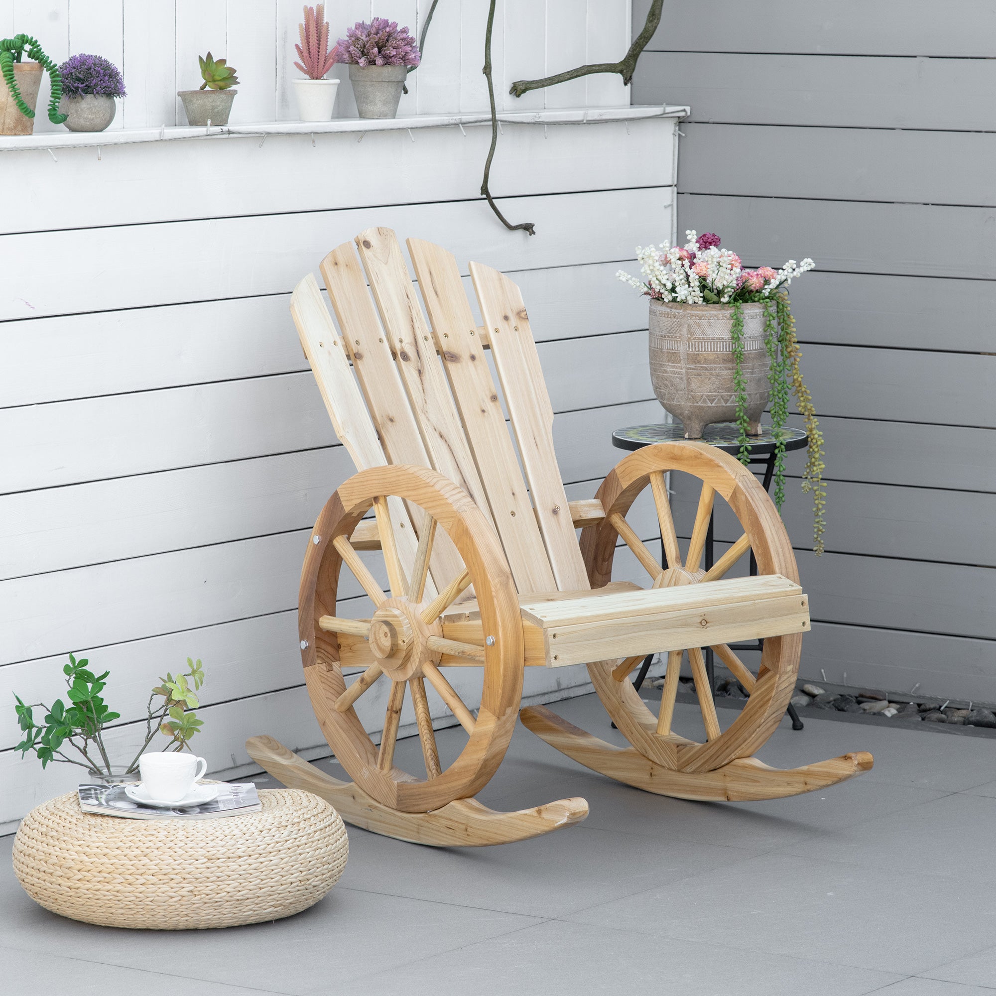 Outsunny 2 Piece Wooden Adirondack Rocking Chair Reclining Armchair Outdoor Garden Furniture Patio Porch Rocker - Natural - North Peak Garden Furniture