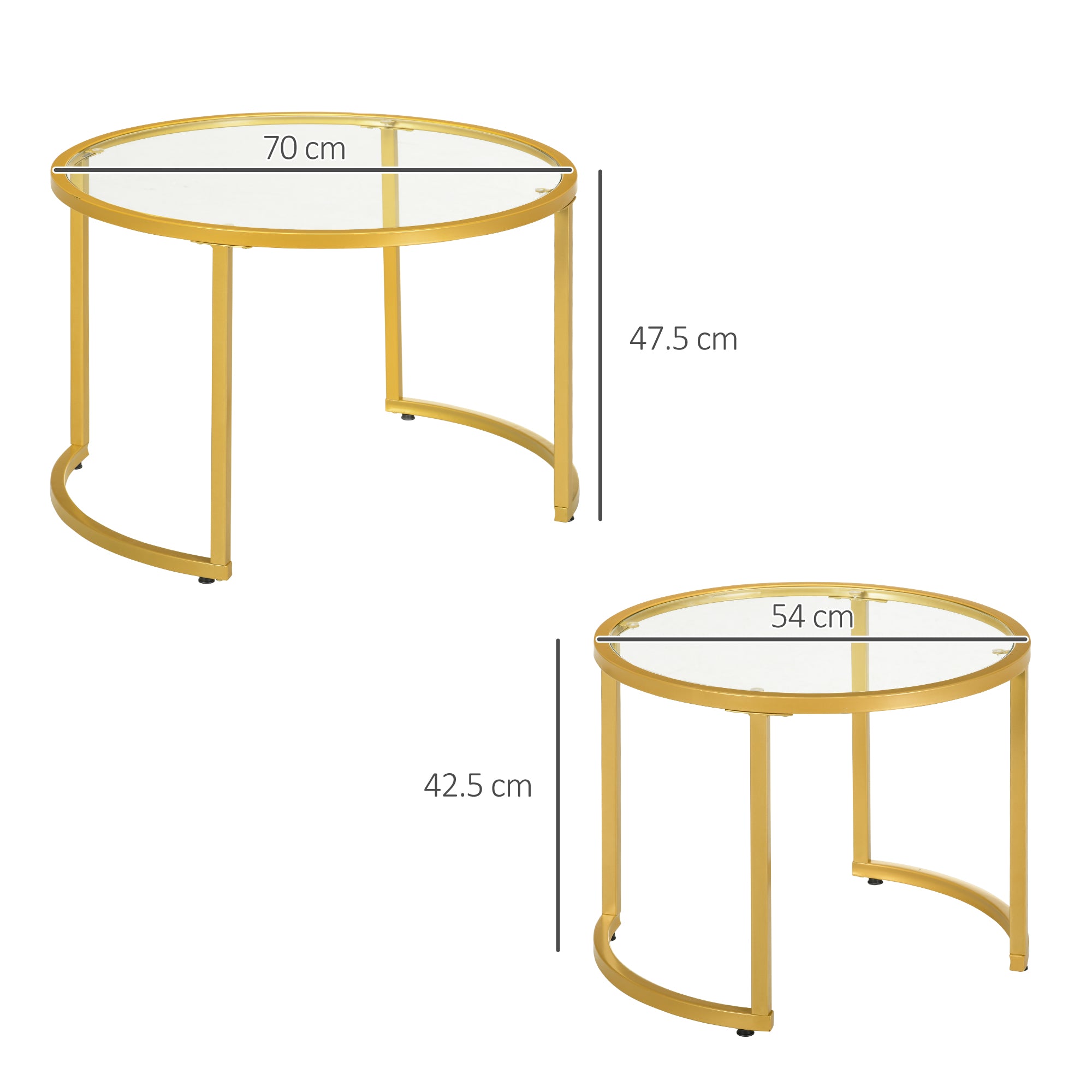 HOMCOM Coffee Table Set of 2, Modern Nest of Tables with Tempered Glass Top, Steel Frame for Living Room, Gold Tone - North Peak Garden Furniture