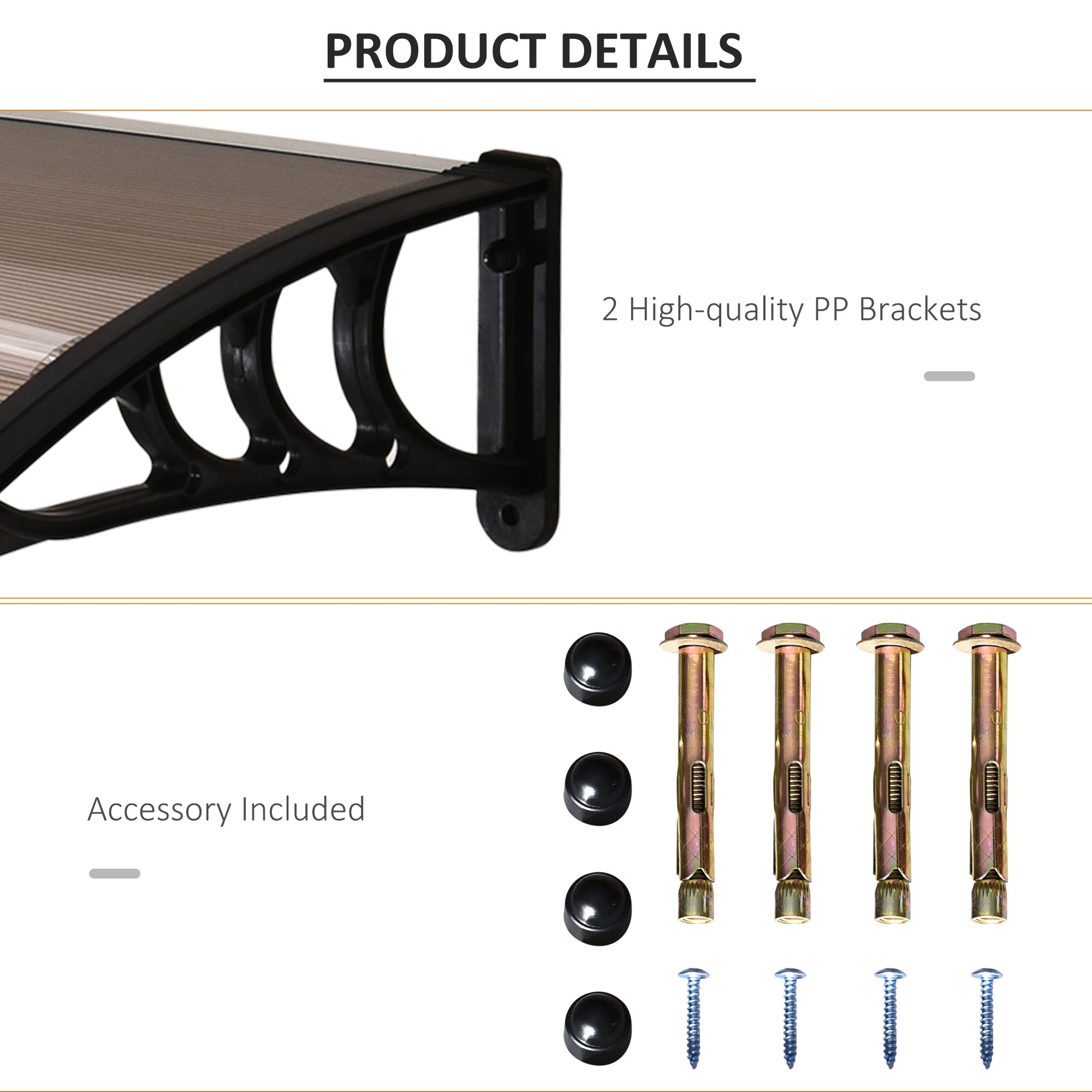 Outsunny Curved Window Door Canopy Aluminium Rigid Plastic Polycarbonate Fixed Outdoor Awning Modern Design UV Water Rain Resist 120 x 75cm Brown - North Peak Garden Furniture