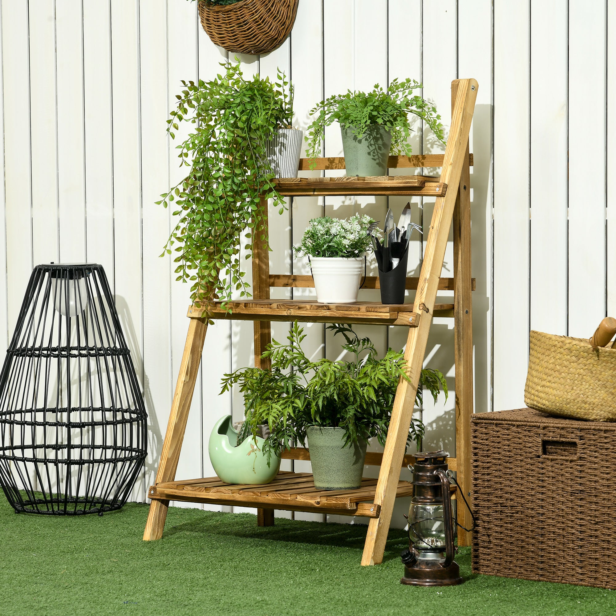 Outsunny Wooden Folding Flower Pot Stand 3 Tier Garden Planter Display Ladder Gardener Storage Shelves Rack Herb Holder (60L x 37W x 93H cm) - North Peak Garden Furniture