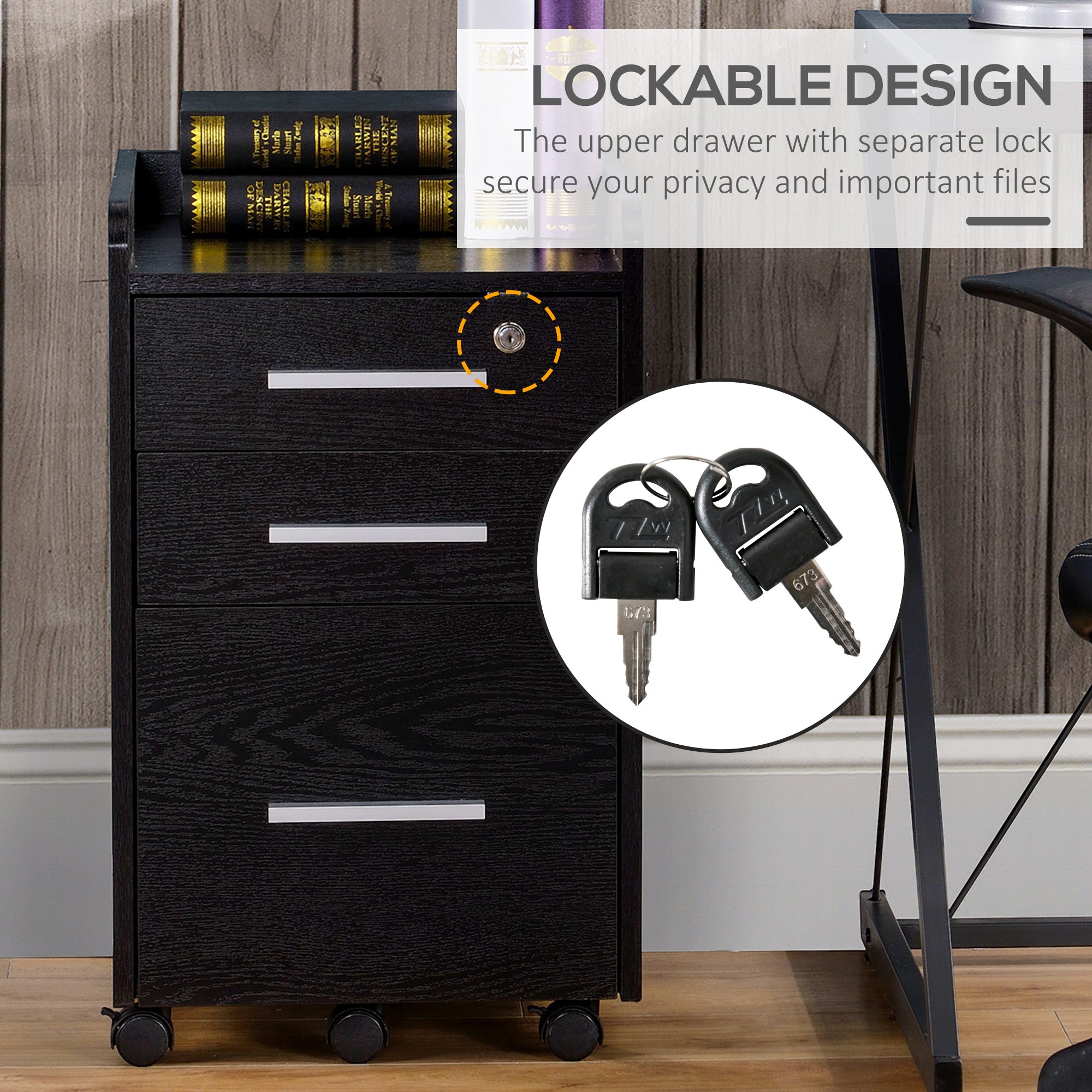 HOMCOM Three-Drawer Lockable Filing Cabinet - Black - North Peak Garden Furniture