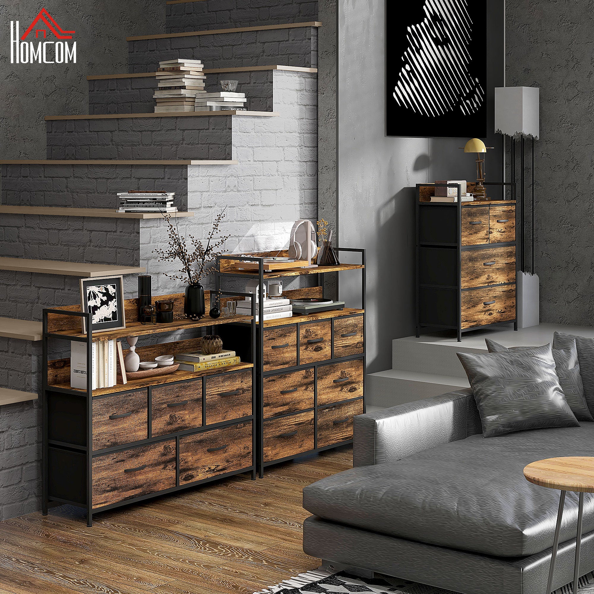 HOMCOM Rustic Chest of Five Fabric Drawers - Rustic Brown - North Peak Garden Furniture