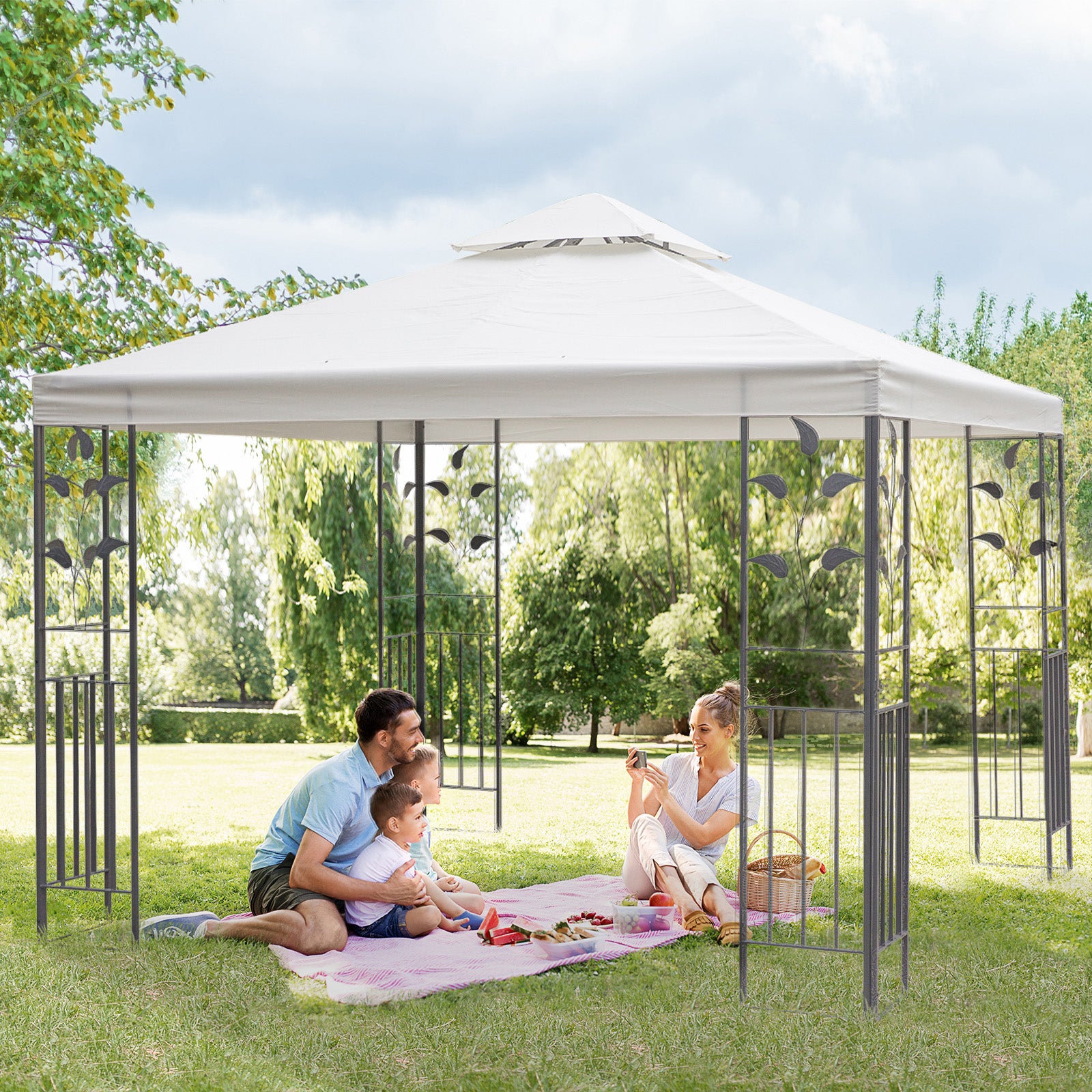 Outsunny 3 x 3m Outdoor Steel Gazebo with 2 Tier Roof, Garden Gazebo Patio Canopy Marquee Shelter with Decorative Steel Frame - Cream - North Peak Garden Furniture