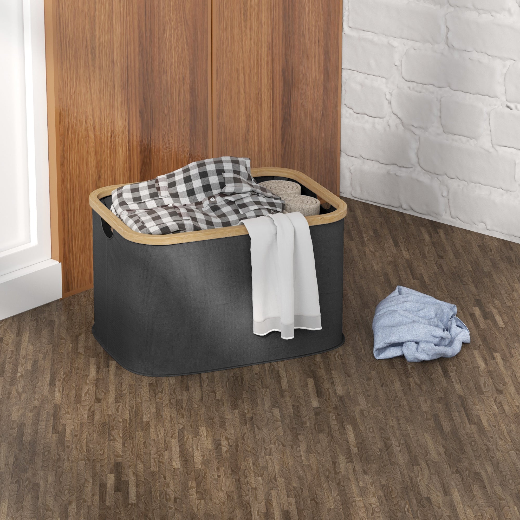 HOMCOM 36L Foldable Laundry Basket, with Bamboo Top - Black - North Peak Garden Furniture