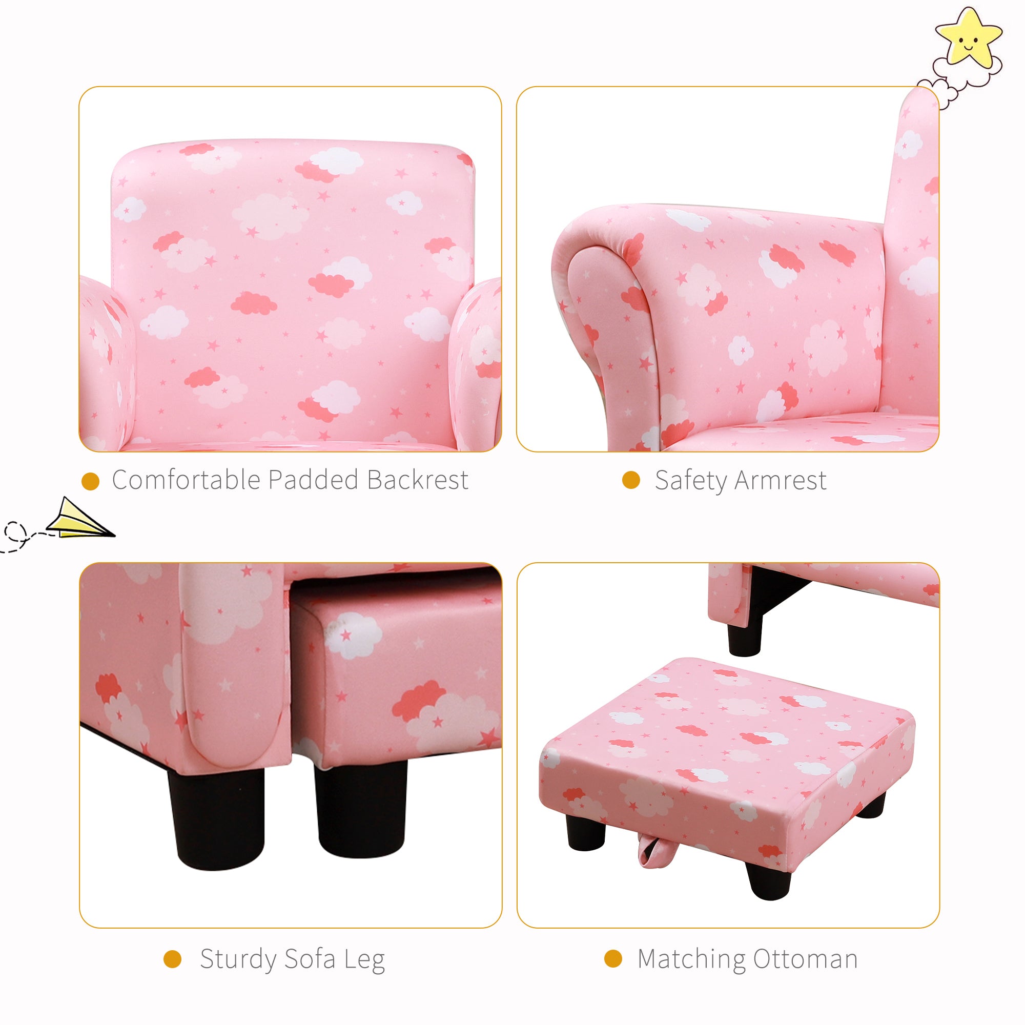 HOMCOM Toddler Chair Children's Armchairs Wood Frame w/ Footrest Anti-Slip Legs High Back Arms for Bedroom Playroom Cute Cloud Star Pink - North Peak Garden Furniture