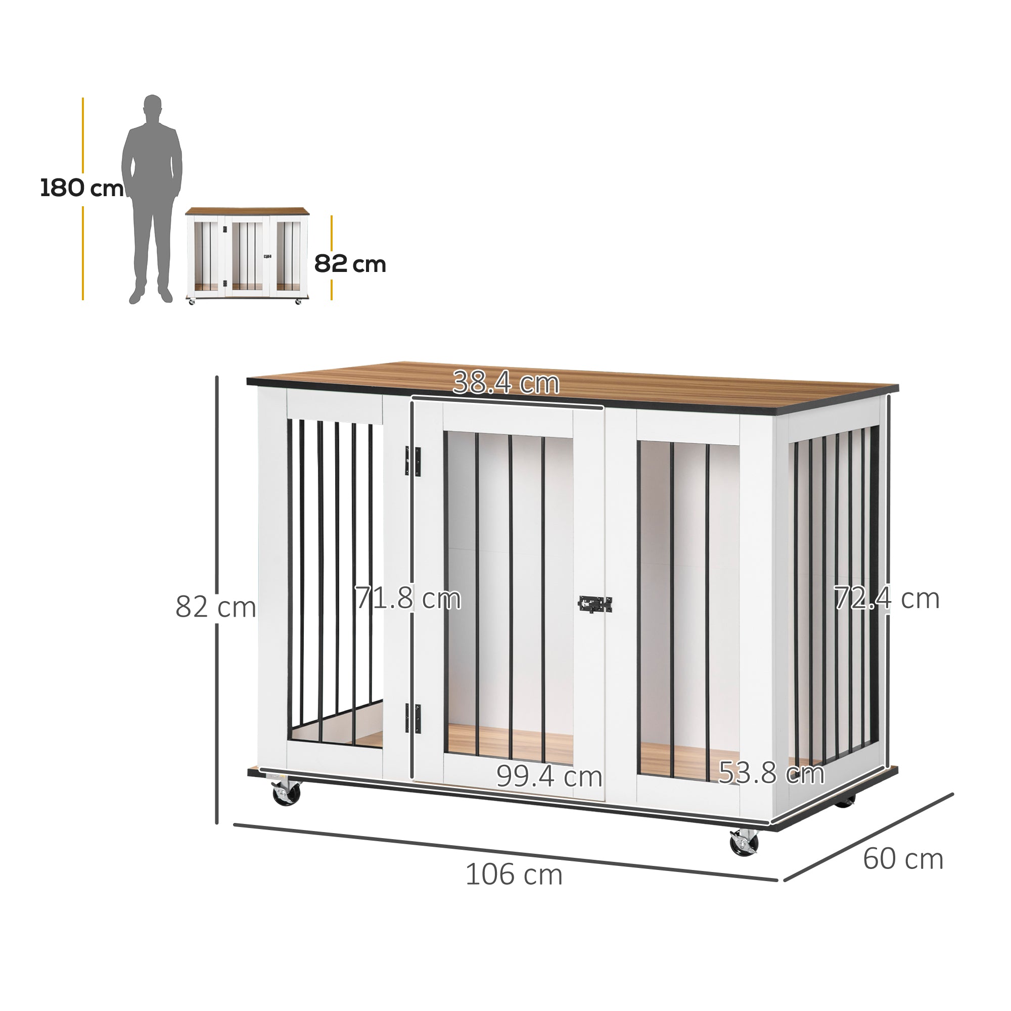 PawHut Dog Crate Furniture, Dog Cage End Table with Wheels, Lockable Door, for Medium Dogs, 106 x 60 x 82 cm - White - North Peak Garden Furniture