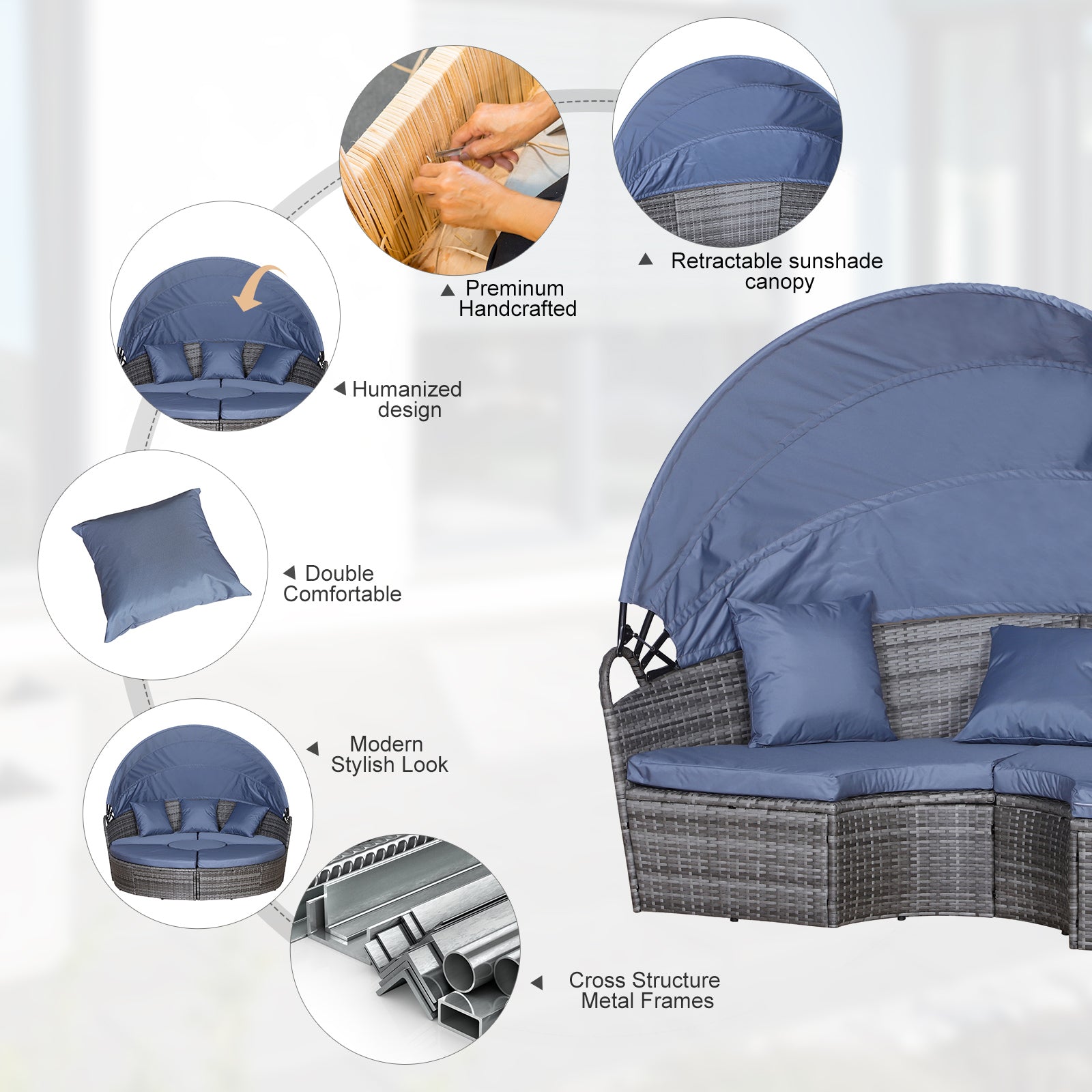 Outsunny PE Rattan Lounge Set, 5 Pieces Patio Conversation Furniture Set, Garden Round Sofa Bed with Cushion and Retractable Canopy, Grey - North Peak Garden Furniture