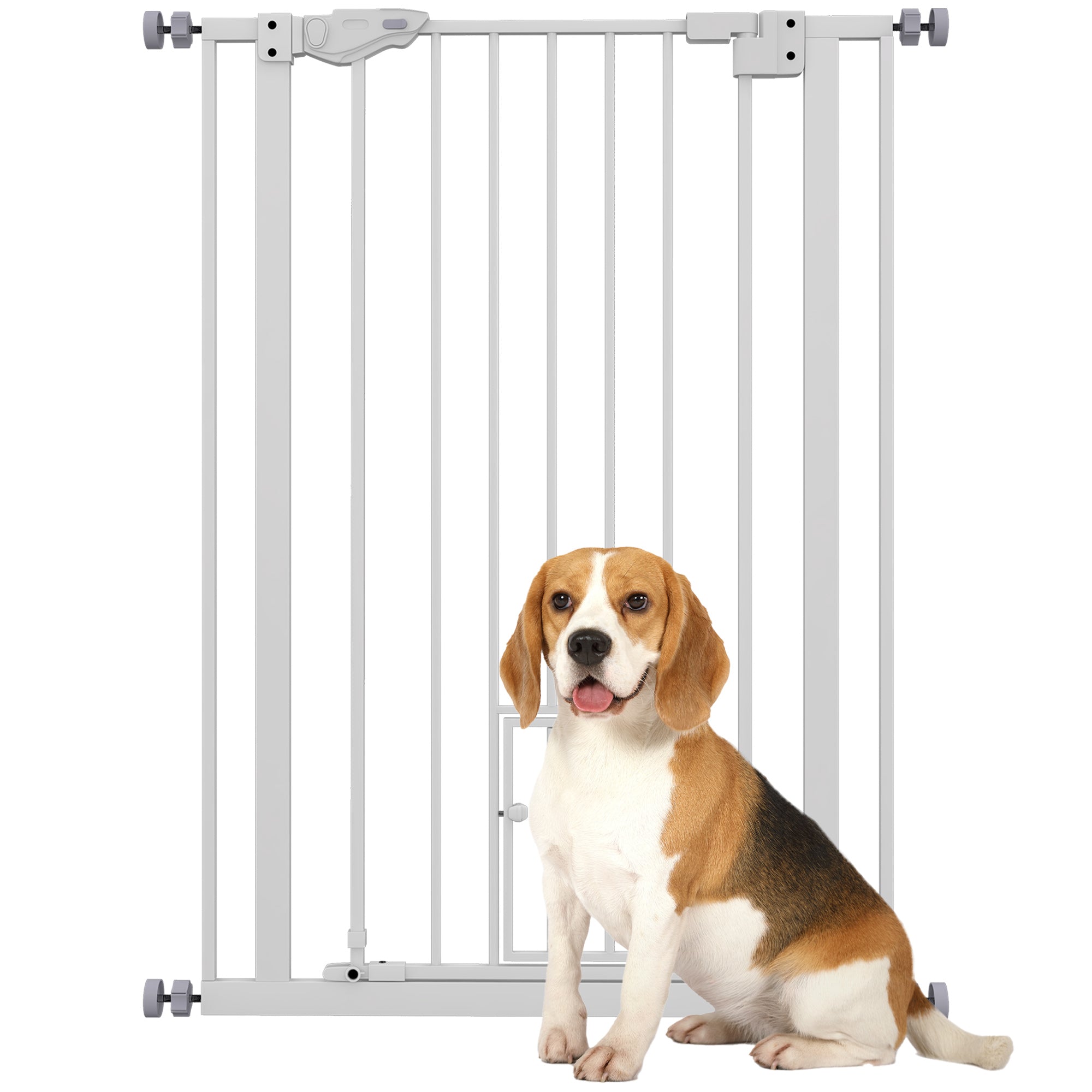 PawHut Extra Tall Pet Gate, Indoor Dog Safety Gate, with Cat Flap, Auto Close, 74-80cm Wide - White - North Peak Garden Furniture