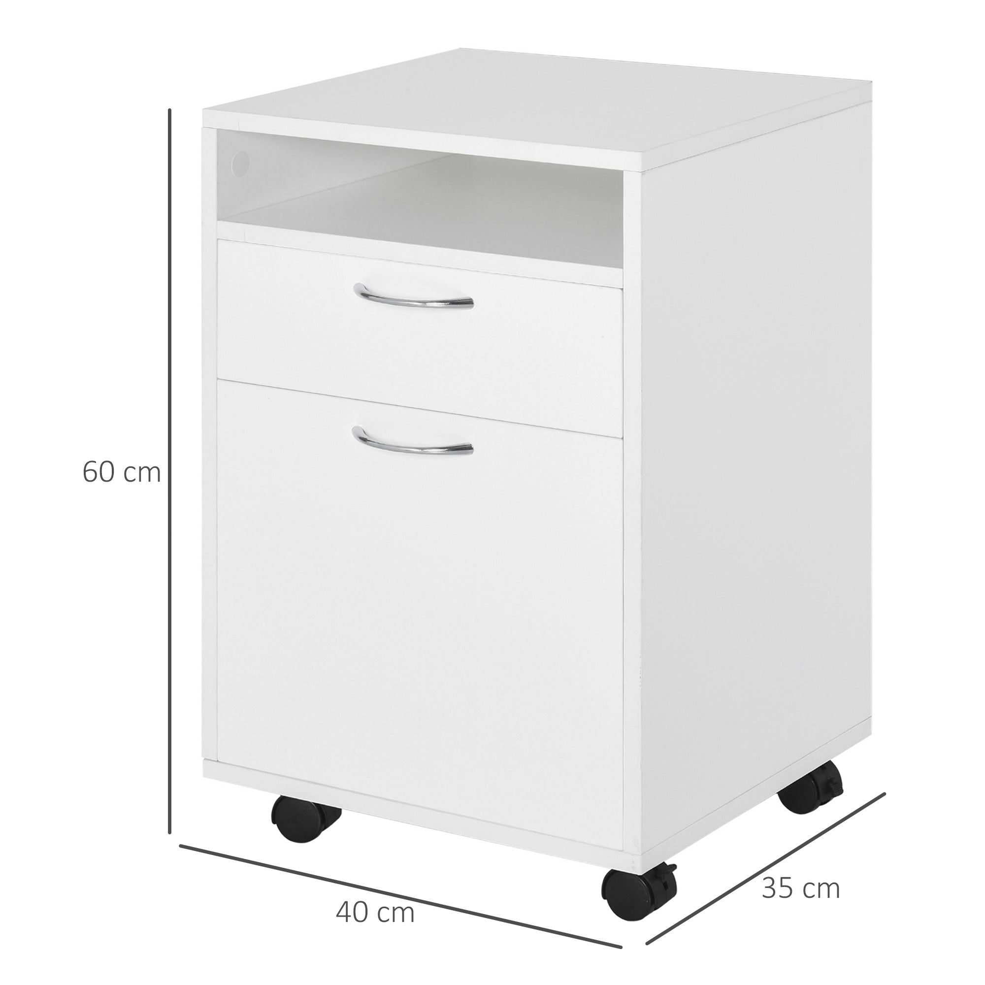 HOMCOM 60cm Storage Cabinet with Drawer, Open Shelf, Metal Handles and 4 Wheels, Office Home Organiser Mobile Printer, White - North Peak Garden Furniture