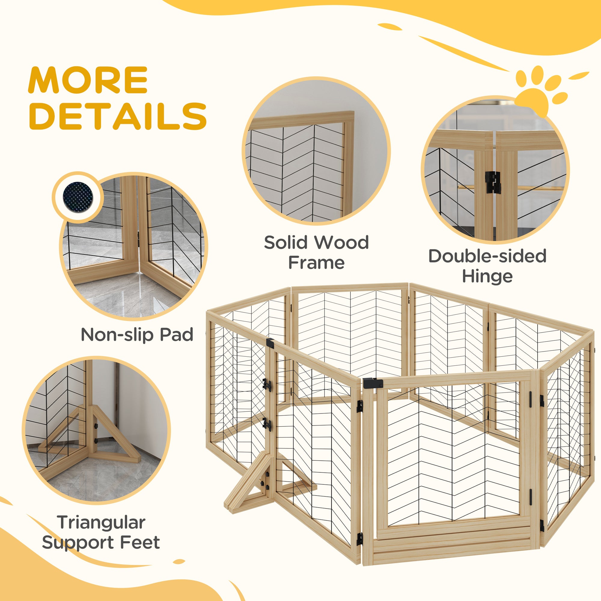 PawHut 8 Panels Foldable Pet Gate with Support Feet, for House, Doorway, Stairs, Small and Medium Dogs - Natural Wood - North Peak Garden Furniture